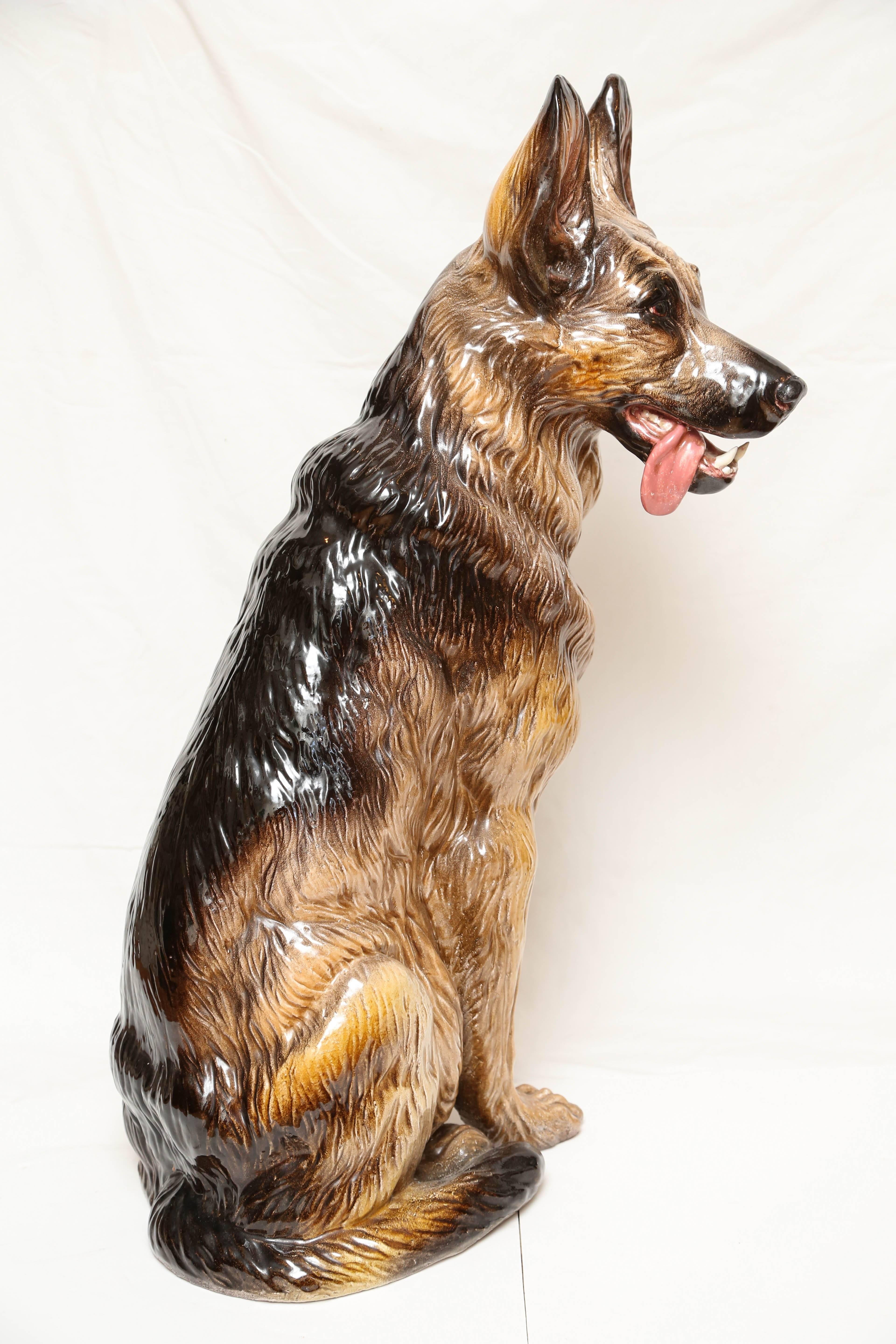 Terra Cotta Lifesize German Shepherd Dog Sculpture In Good Condition In West Palm Beach, FL