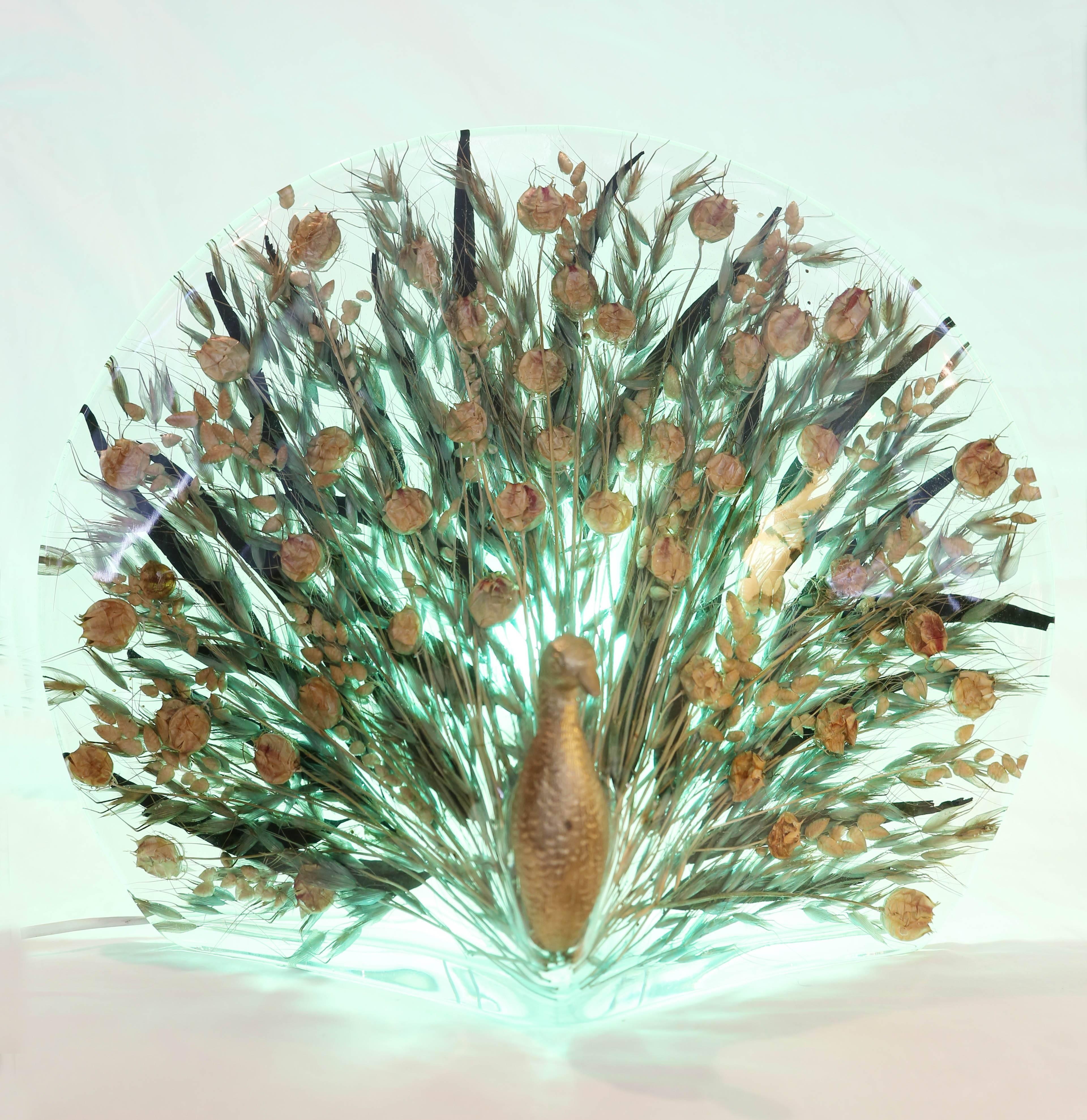 An outstanding example with flora inset Lucite to simulate peacock feathers. Generously scaled and proportioned . A rare and unusual piece.