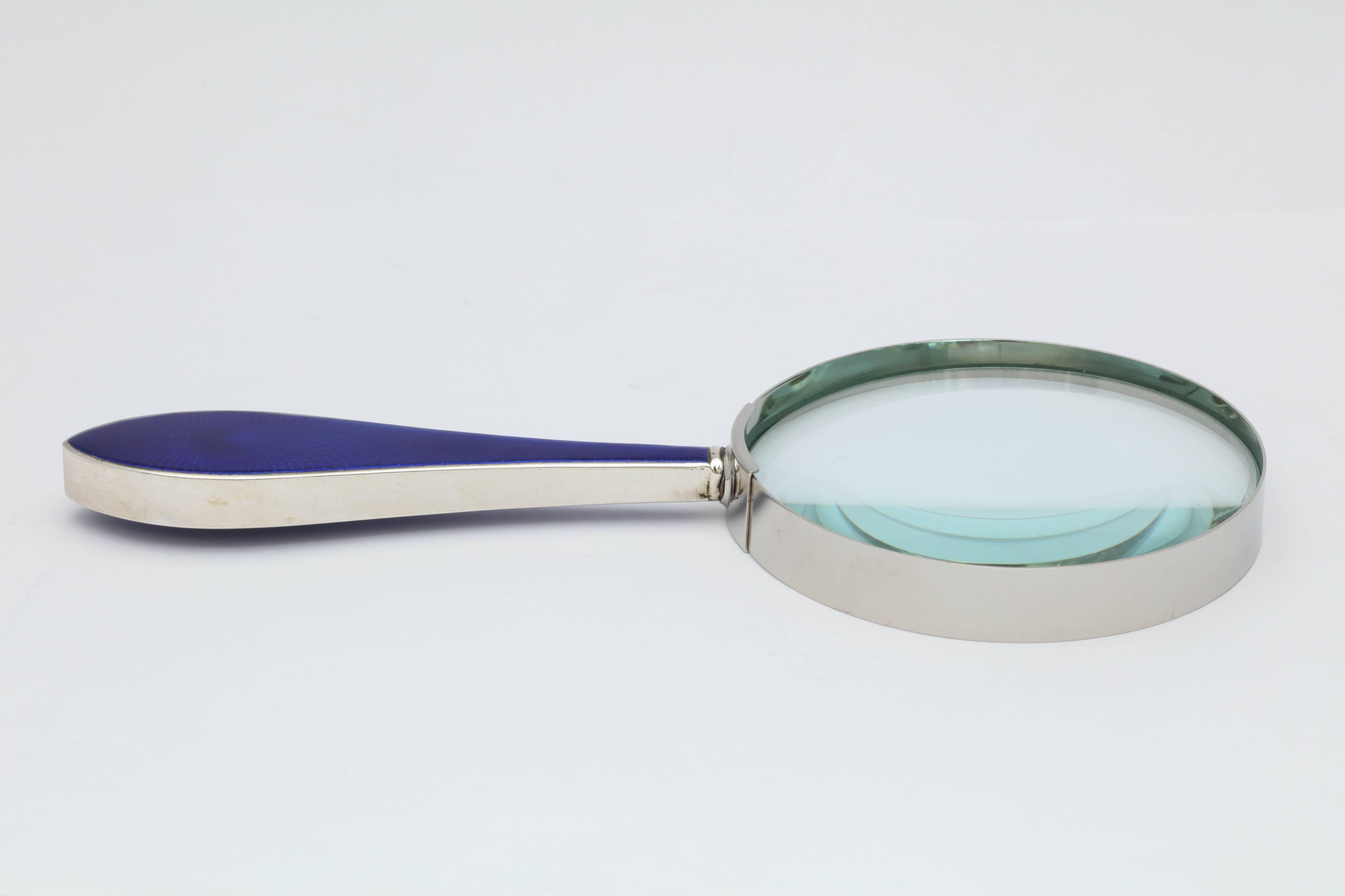 Art Deco Sterling Silver-Mounted Cobalt Blue Guilloche Enamel Magnifying Glass 1
