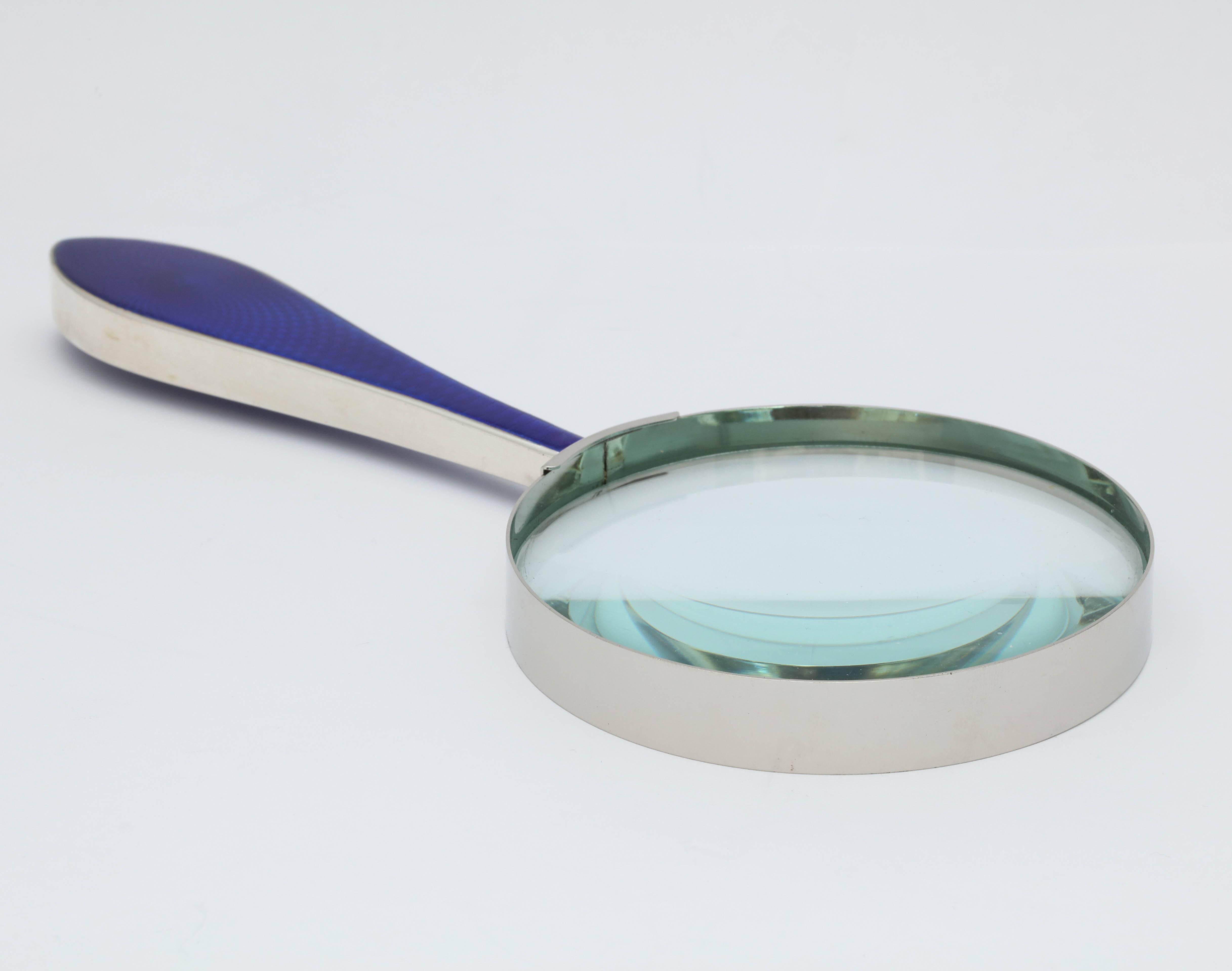 Art Deco Sterling Silver-Mounted Cobalt Blue Guilloche Enamel Magnifying Glass 2