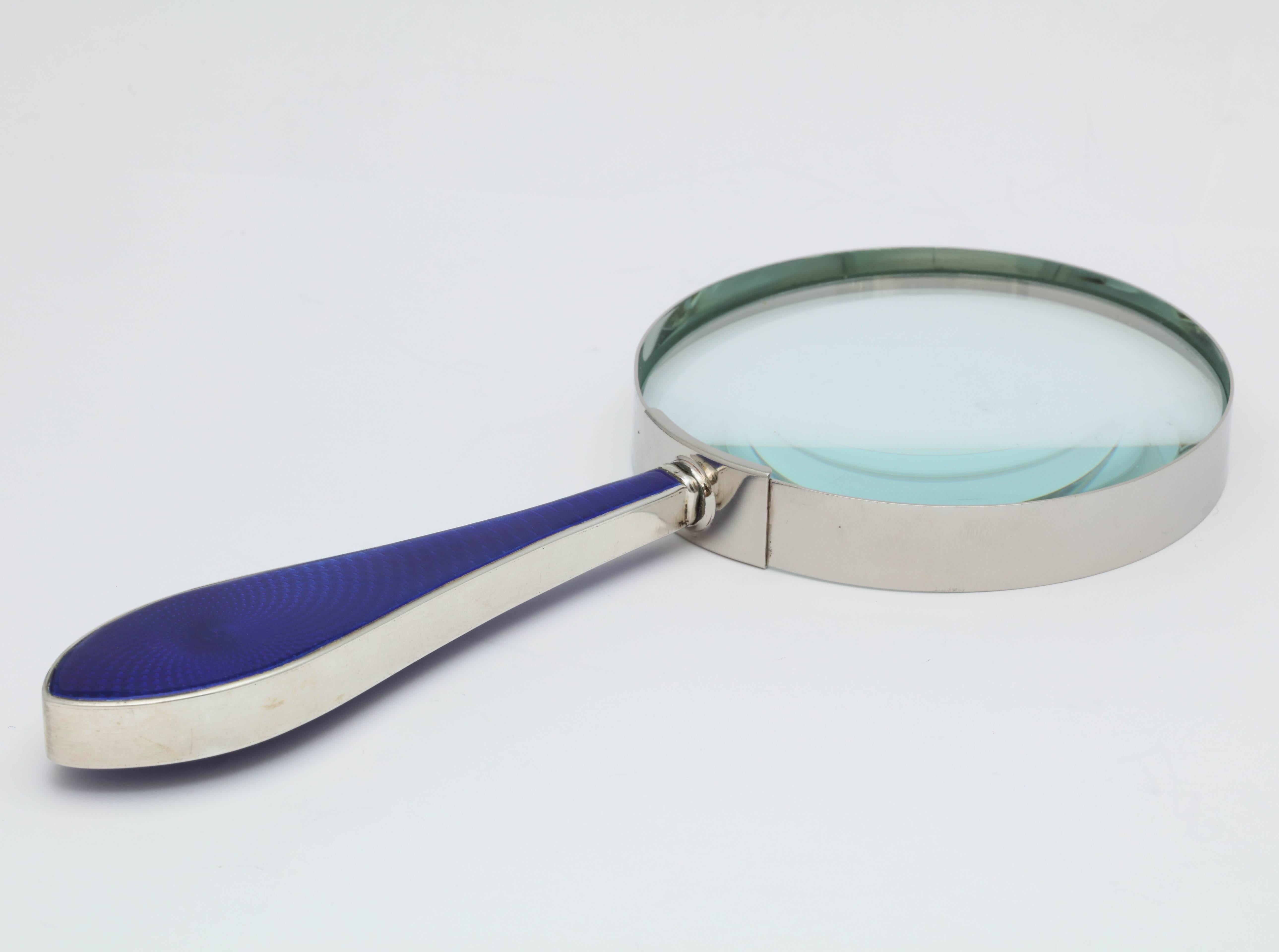 Art Deco Sterling Silver-Mounted Cobalt Blue Guilloche Enamel Magnifying Glass 3