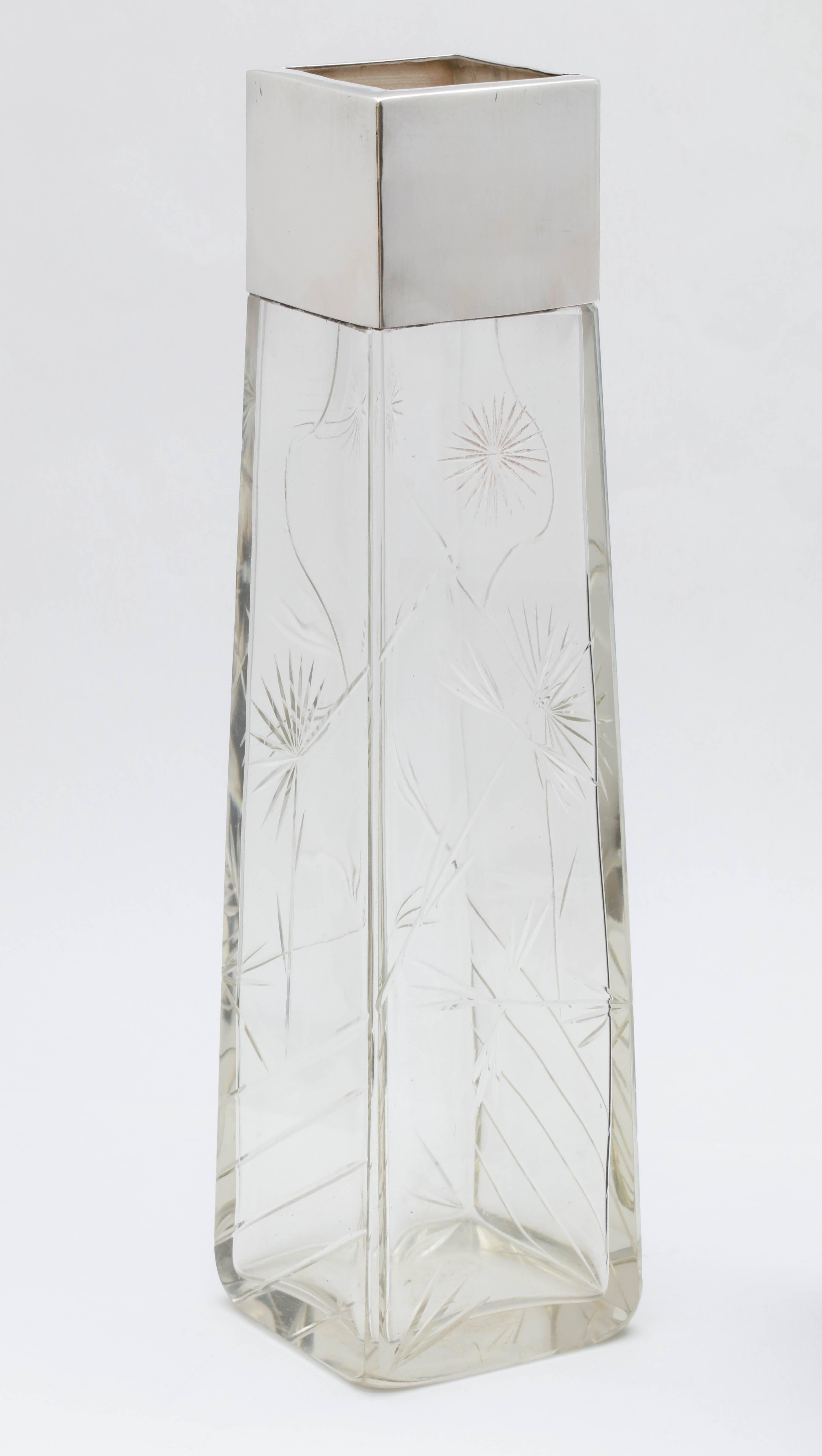 Lovely, Edwardian, sterling silver-mounted rectangular crystal vase in the Japonesque style, Birmingham, England, 1901, Sydney Thomas Steel - maker. Crystal is beautifully cut. Measures: 12 inches high x 3 1/4 inches wide (at widest point) x 3 1/4
