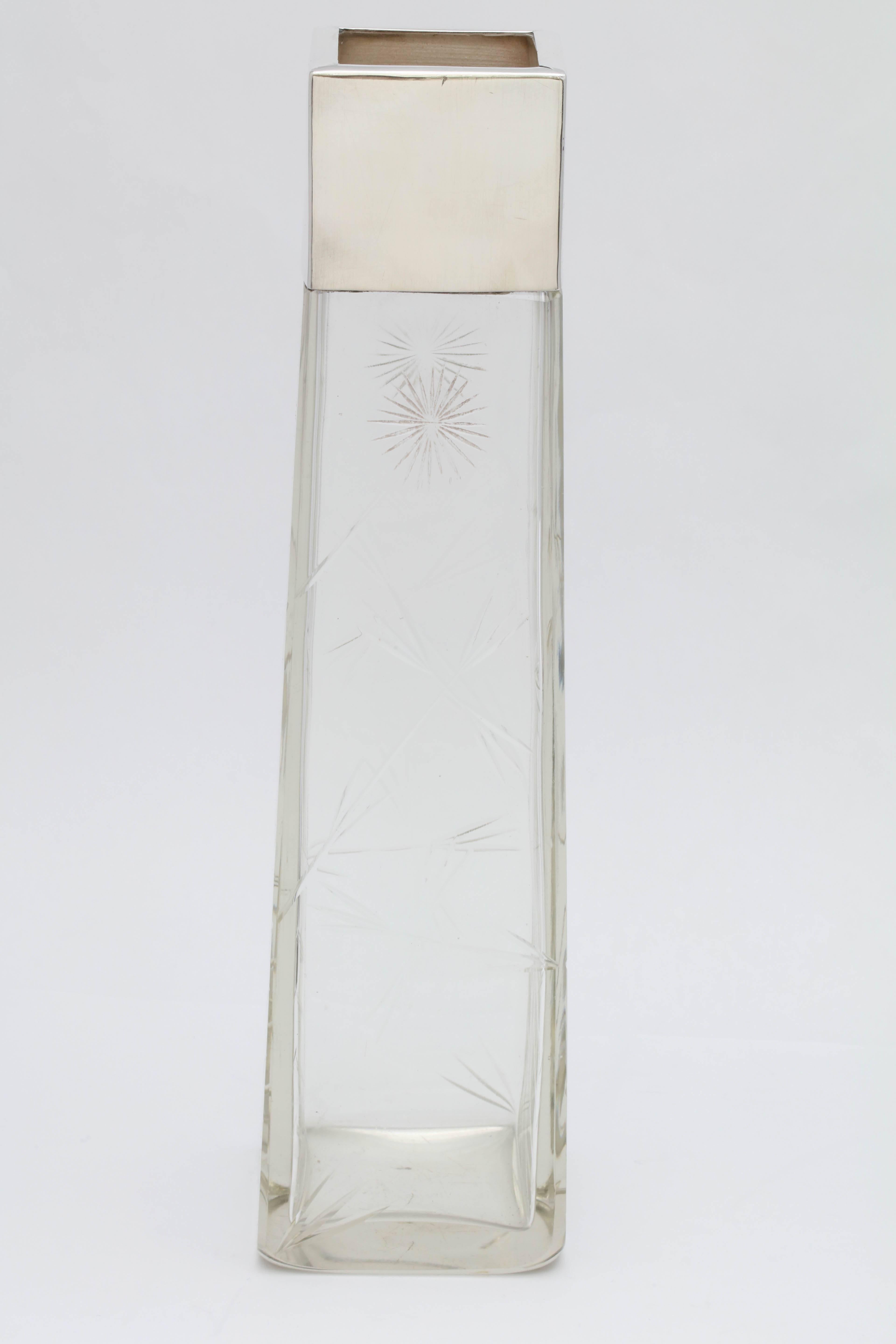 Early 20th Century Edwardian, Sterling Silver-Mounted Rectangular Japonesque Style Crystal Vase