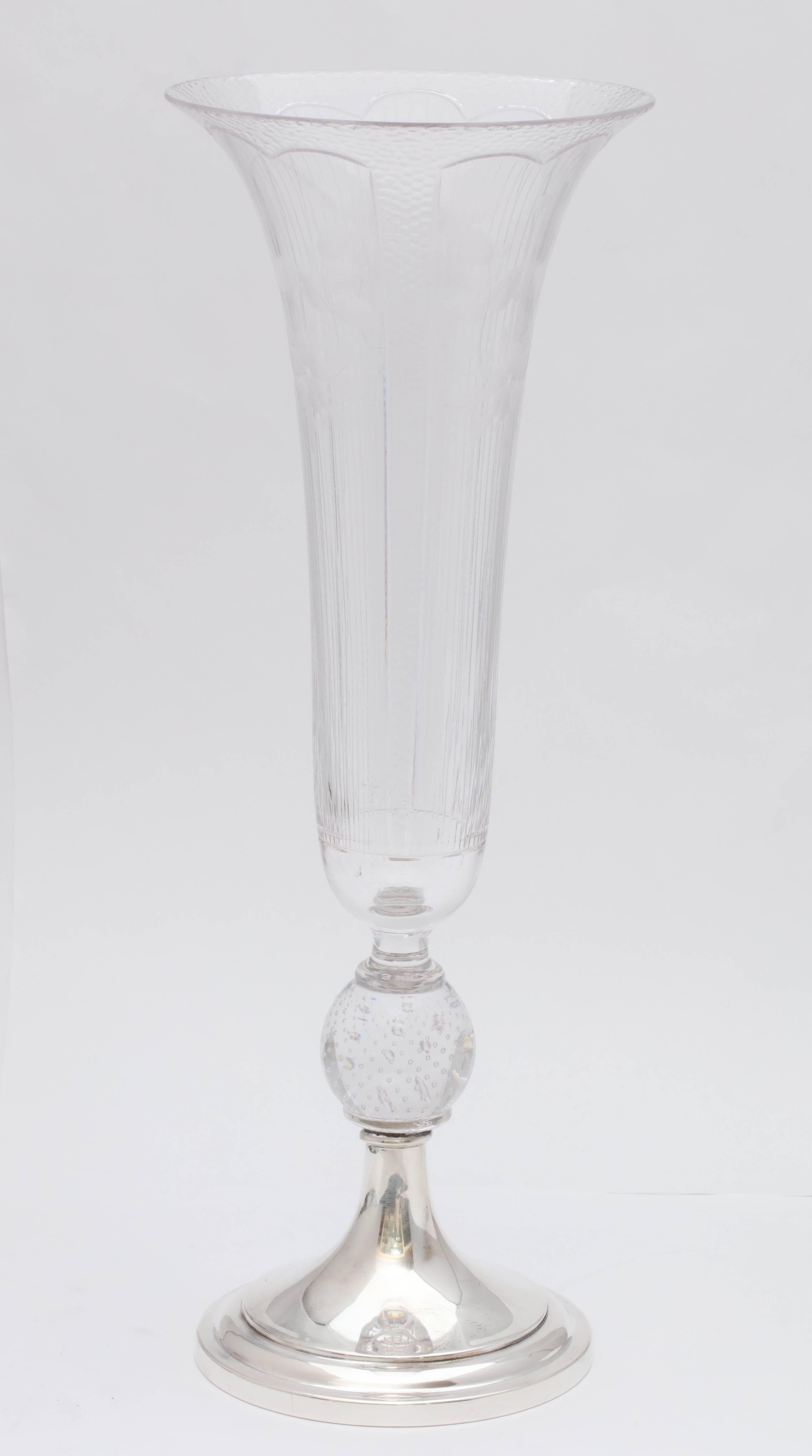 American Edwardian Sterling Silver-Mounted Etched and Cut Crystal Vase