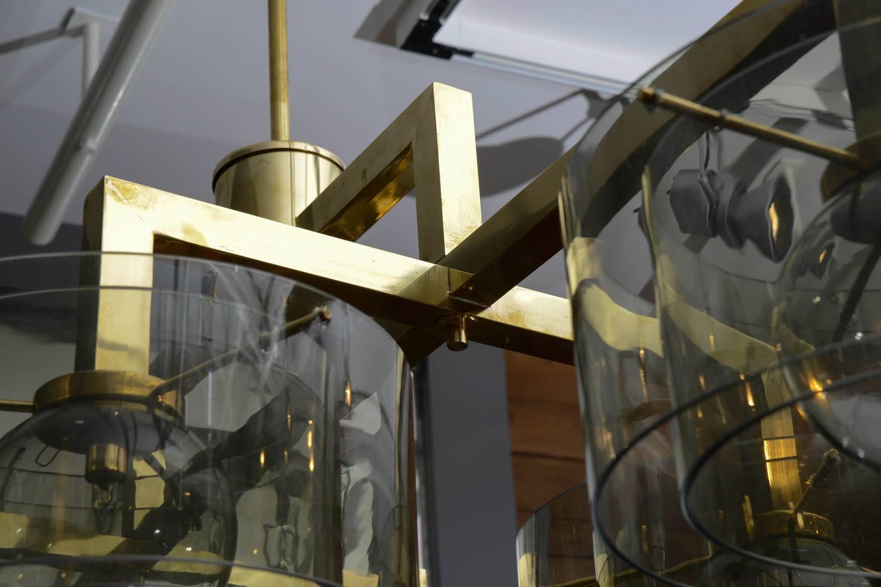 Glustin Luminaires Creation Brass Chandelier with Grey Glass Cylinder In Excellent Condition For Sale In Saint-Ouen, IDF