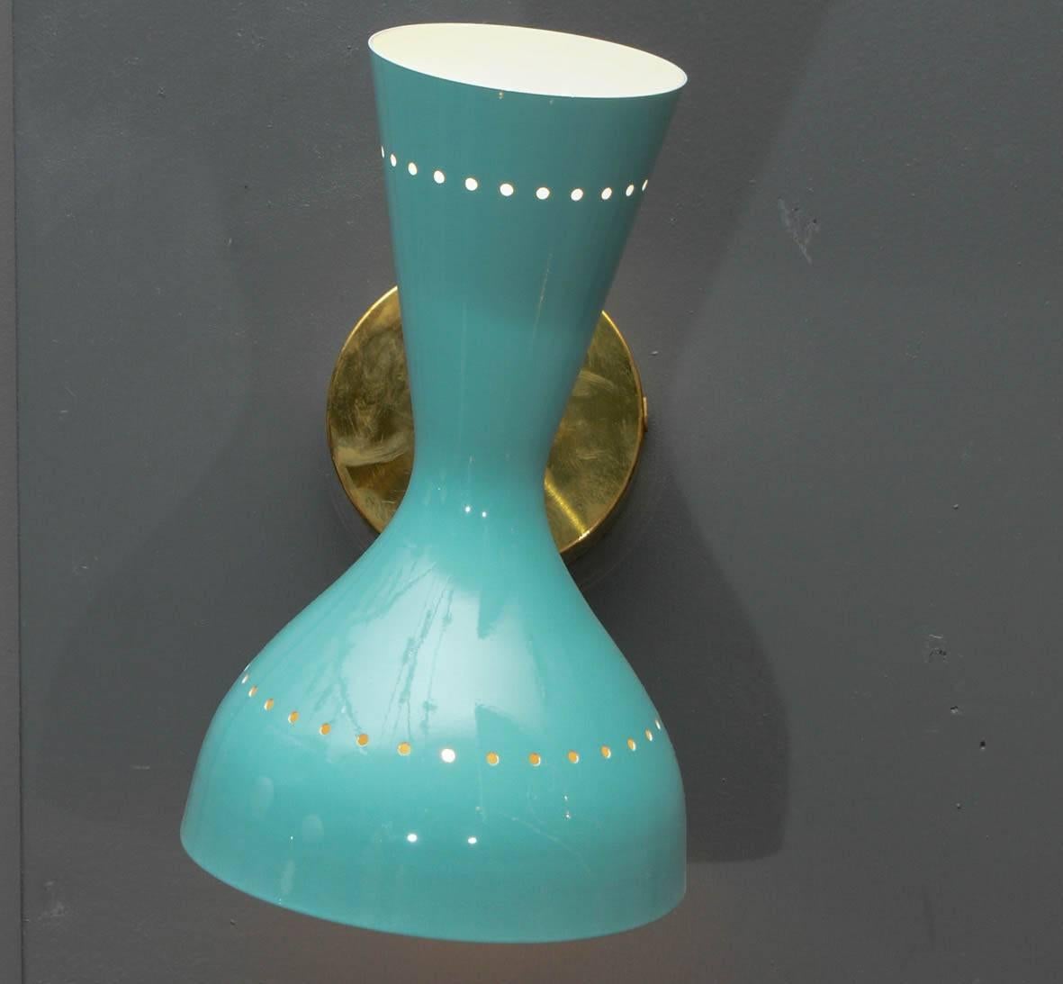 Pair of Italian wall sconces made of brass and an adjustable enameled metal cone with two lights.