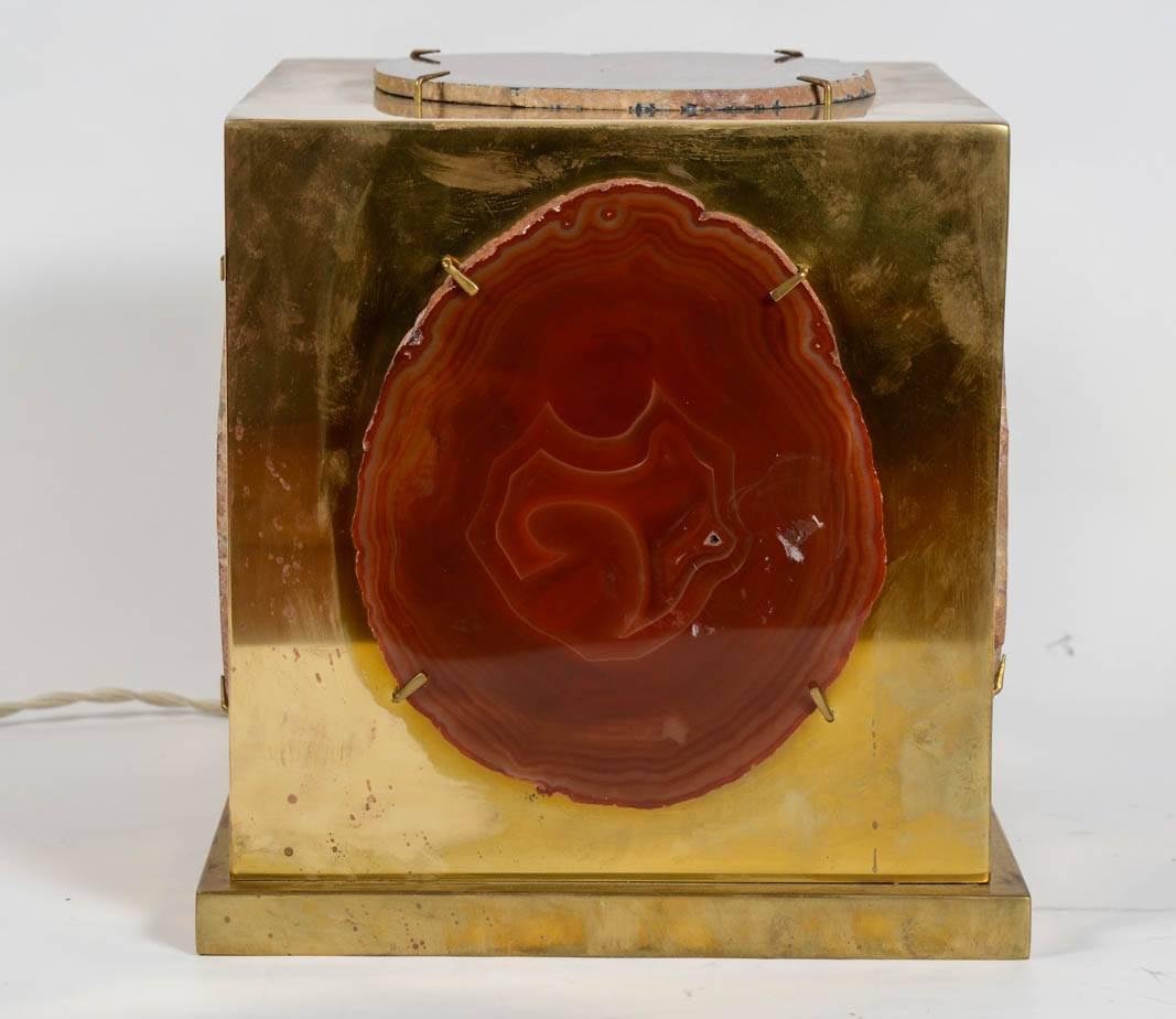 Mid-Century Modern Brass and Agate Square Box Table Lamp For Sale