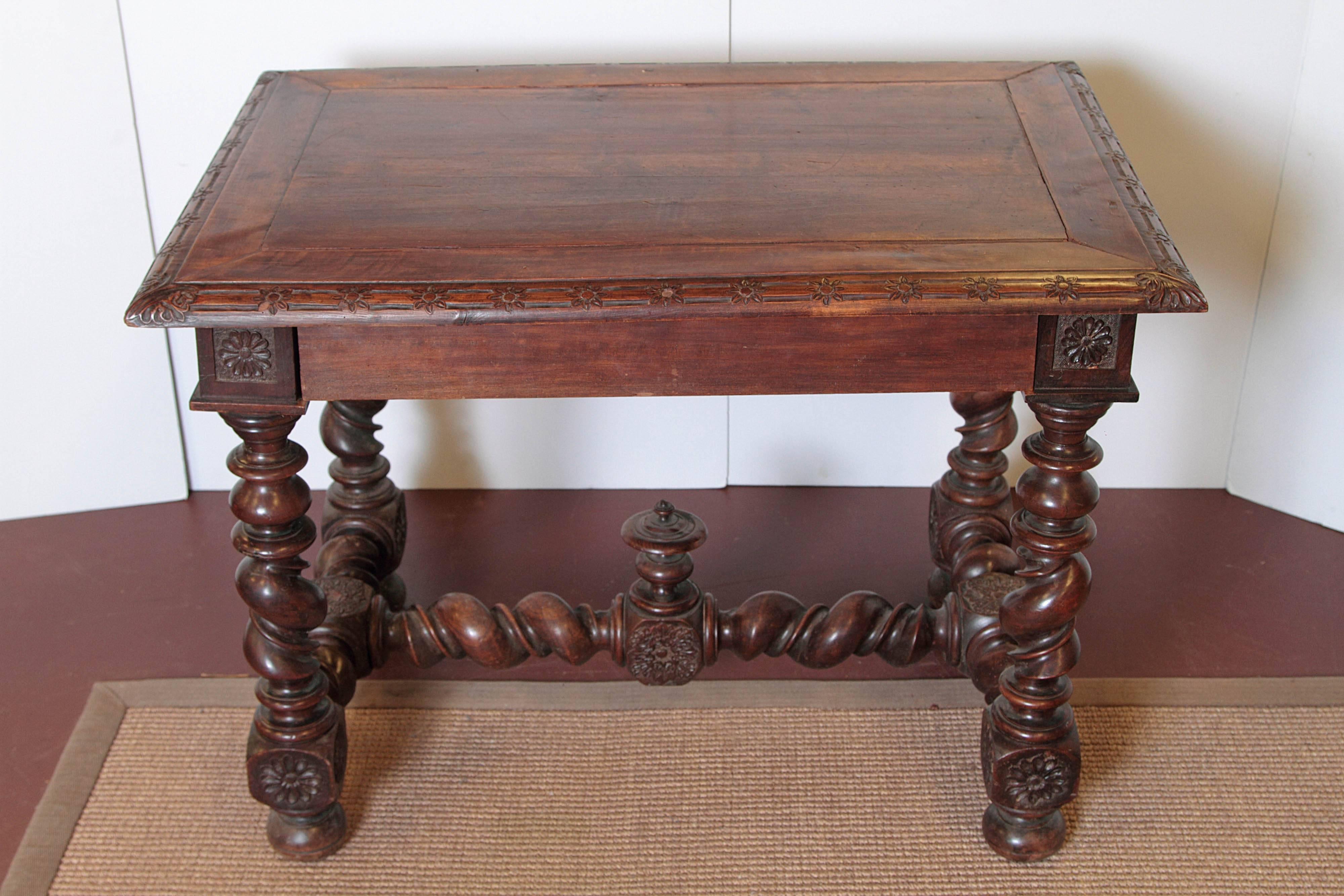 19th century, French walnut rectangular barley twist table with joined stretcher.