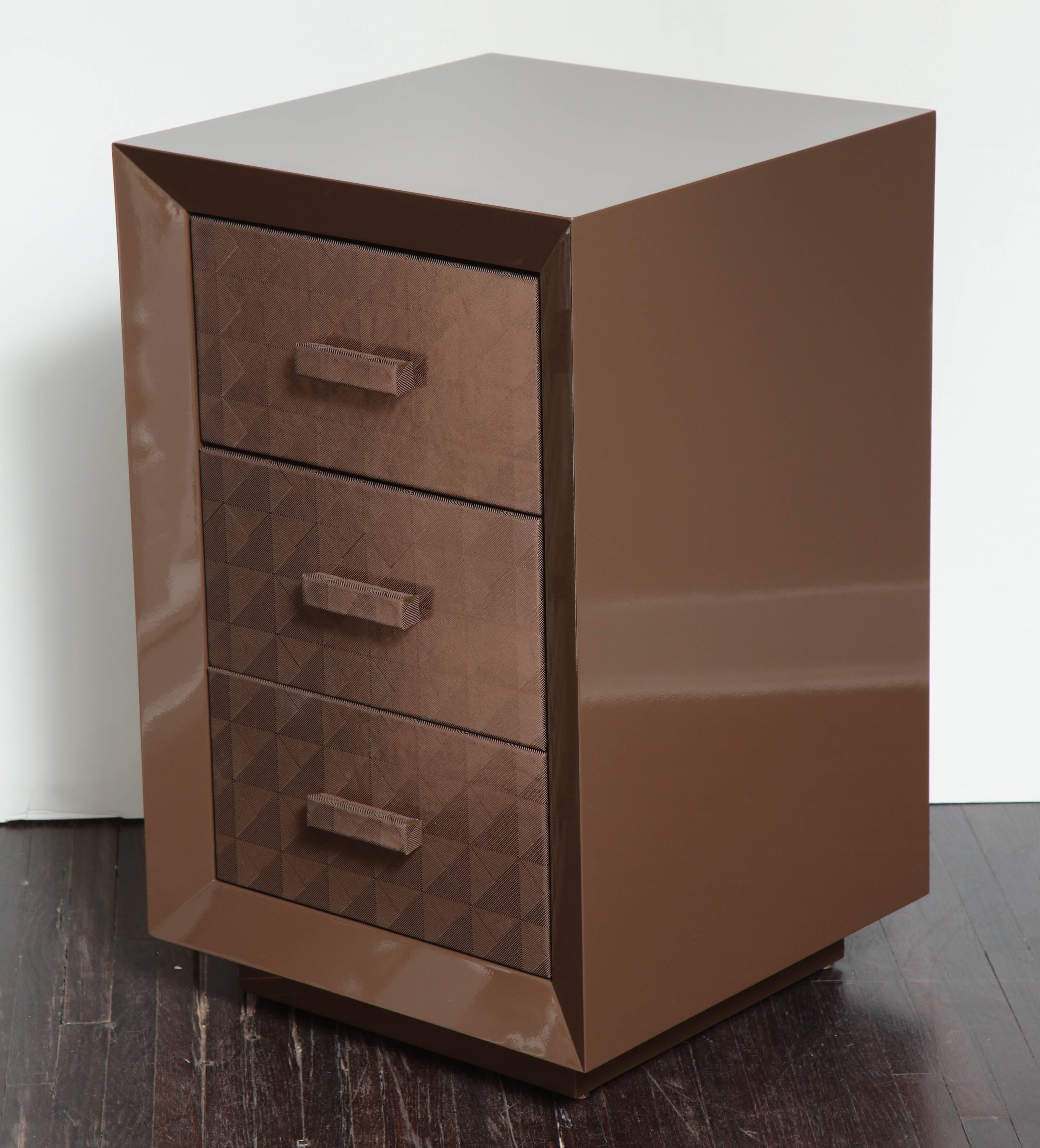 Custom Lacquered Nightstands with Embossed Leather Drawer Fronts For Sale 1