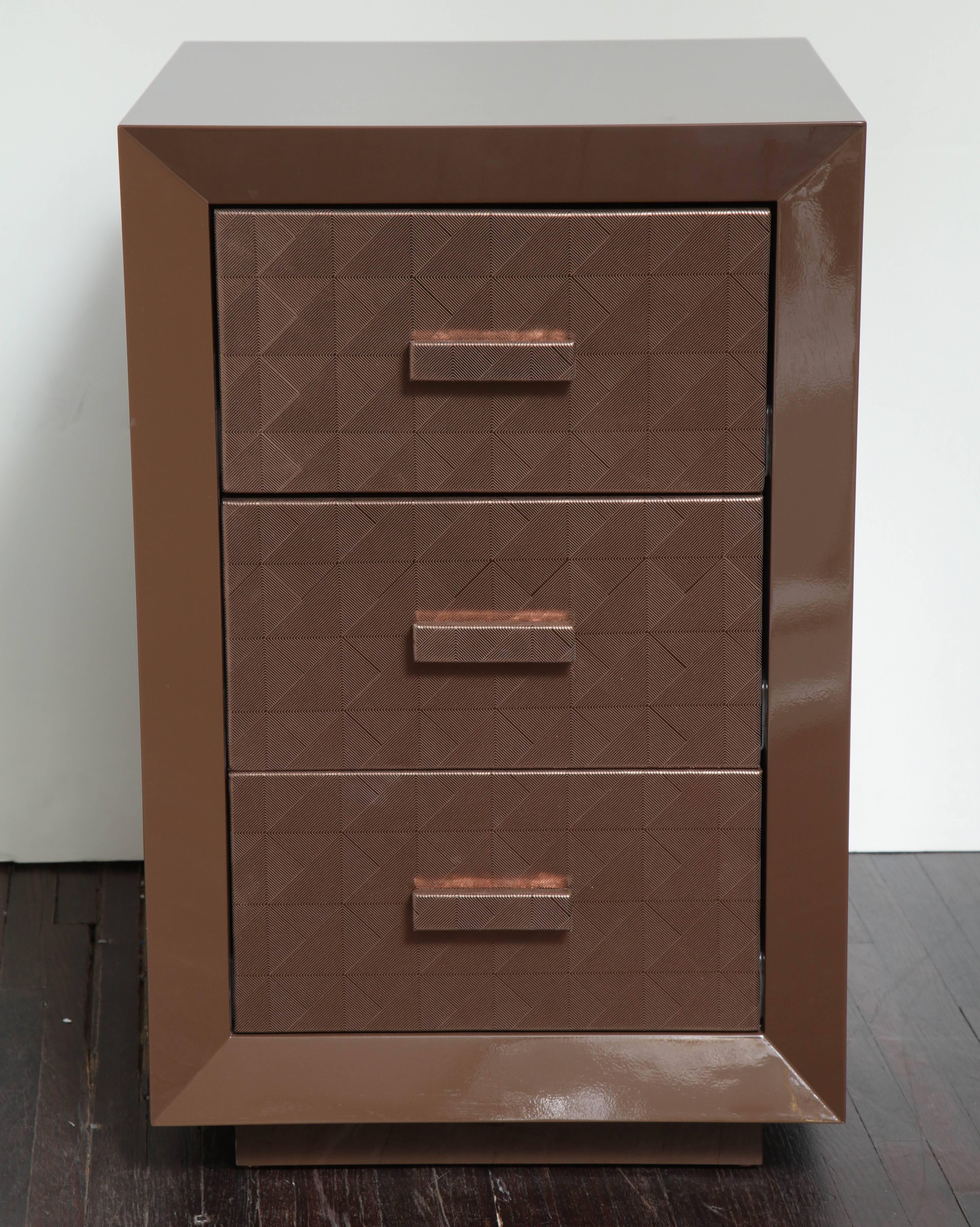 Custom Lacquered Nightstands with Embossed Leather Drawer Fronts For Sale 2