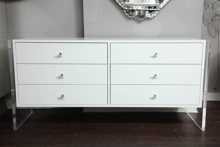 Custom 6 Drawer White Lacquer Dresser With Acrylic Side Panels For