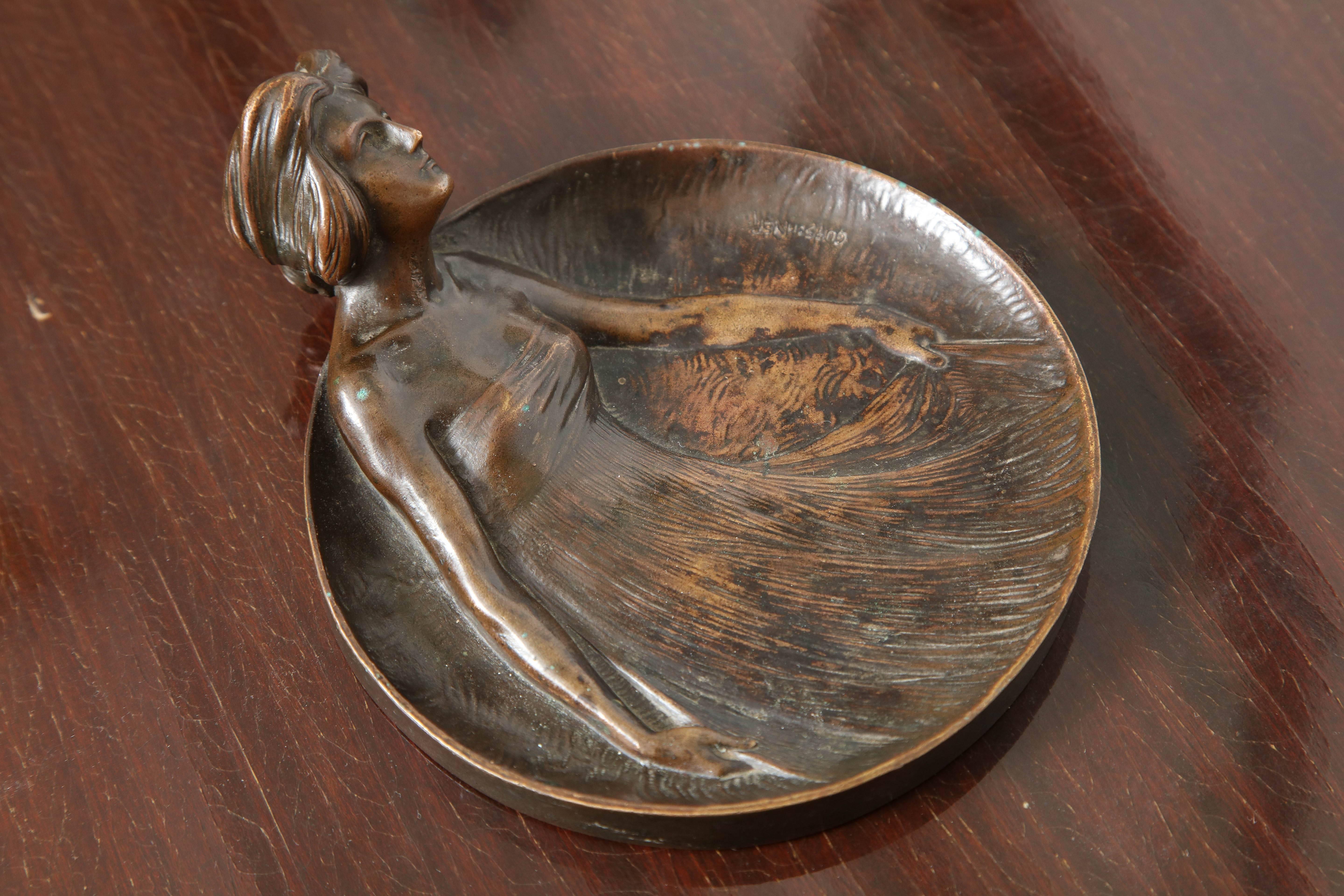 Art Nouveau Gustav Gurschner Bronze Figural tray made in Austria For Sale