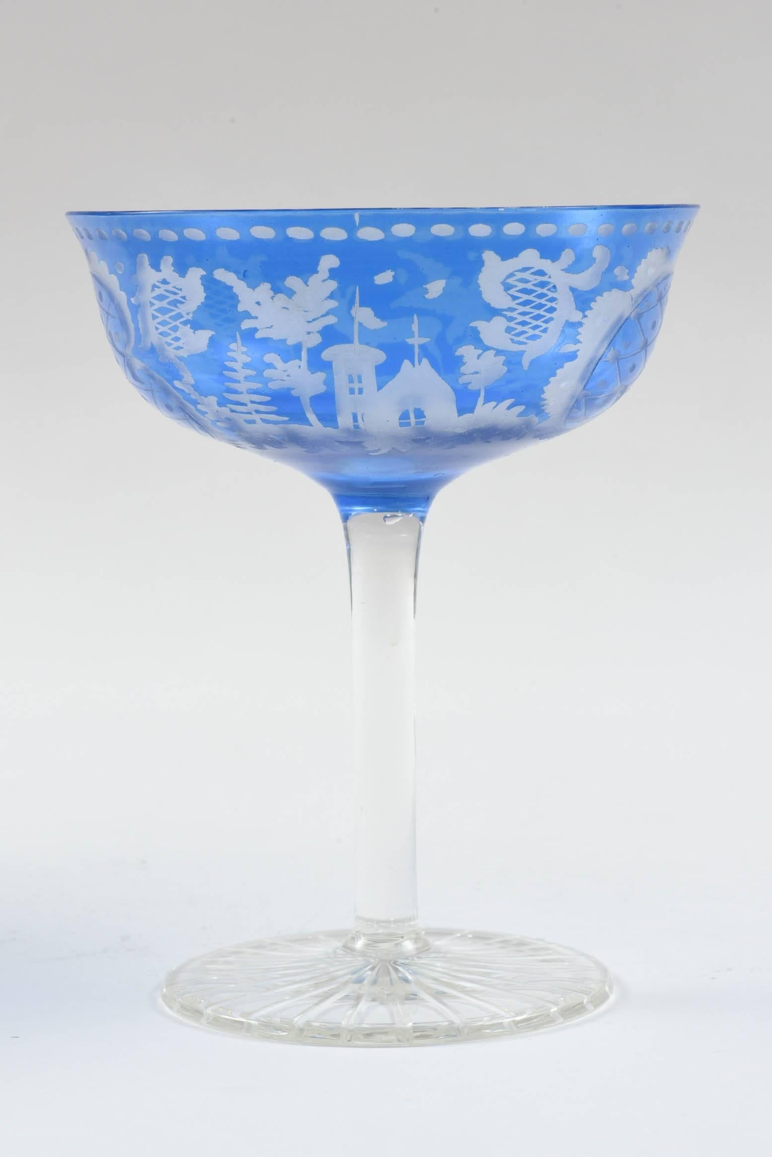 Bohemian Blue Crystal Stemware Service for 12, Great Color & Goblet Size. Antique & Rare
