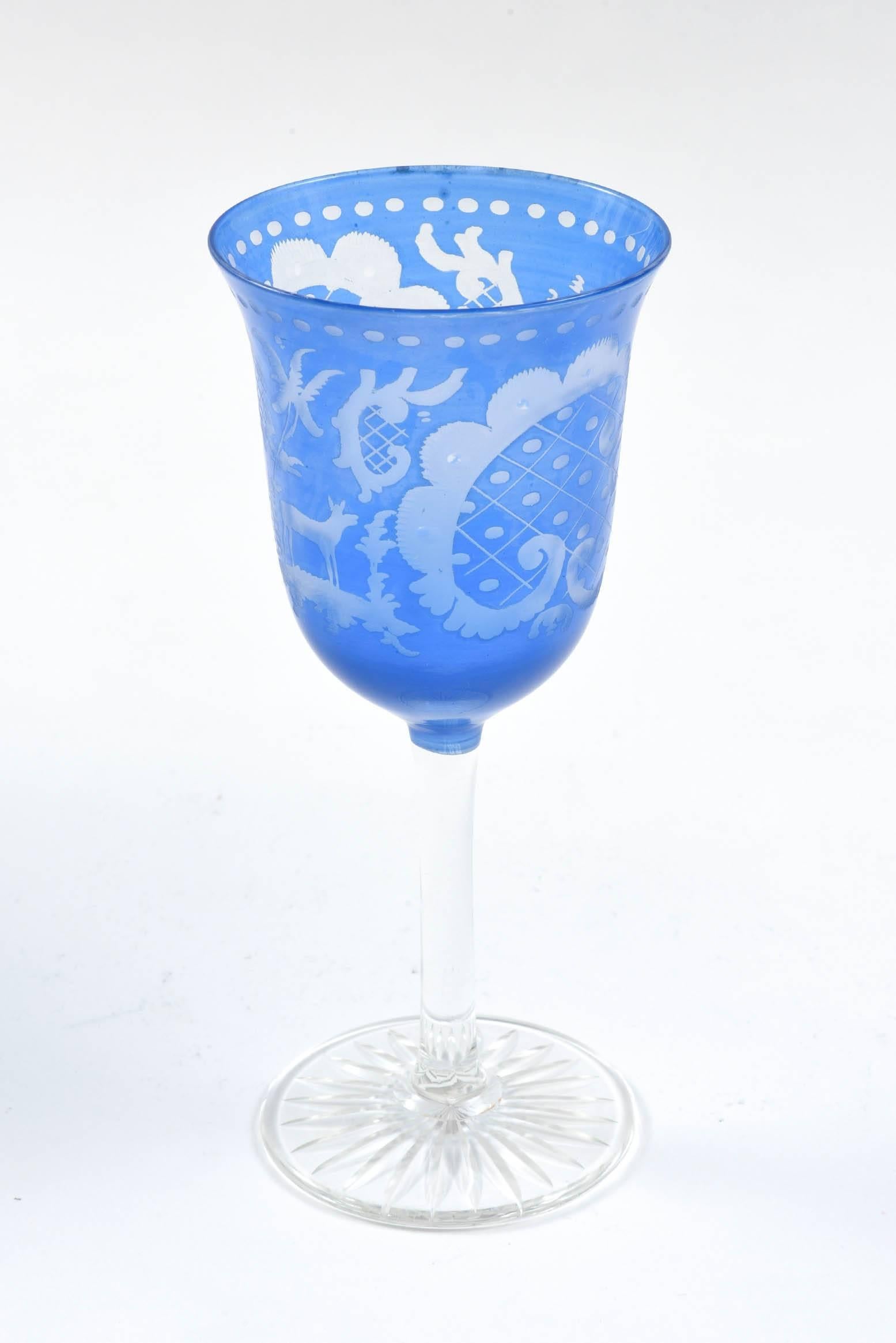 Hand-Crafted Blue Crystal Stemware Service for 12, Great Color & Goblet Size. Antique & Rare