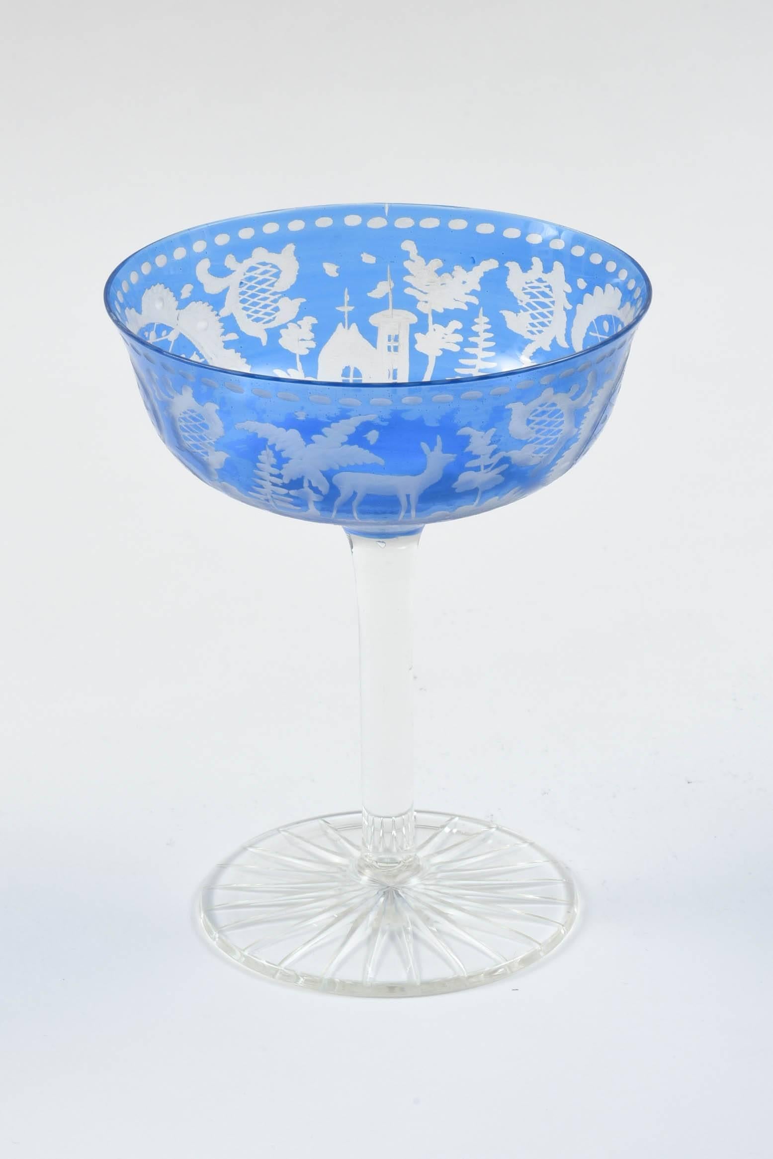 Late 19th Century Blue Crystal Stemware Service for 12, Great Color & Goblet Size. Antique & Rare