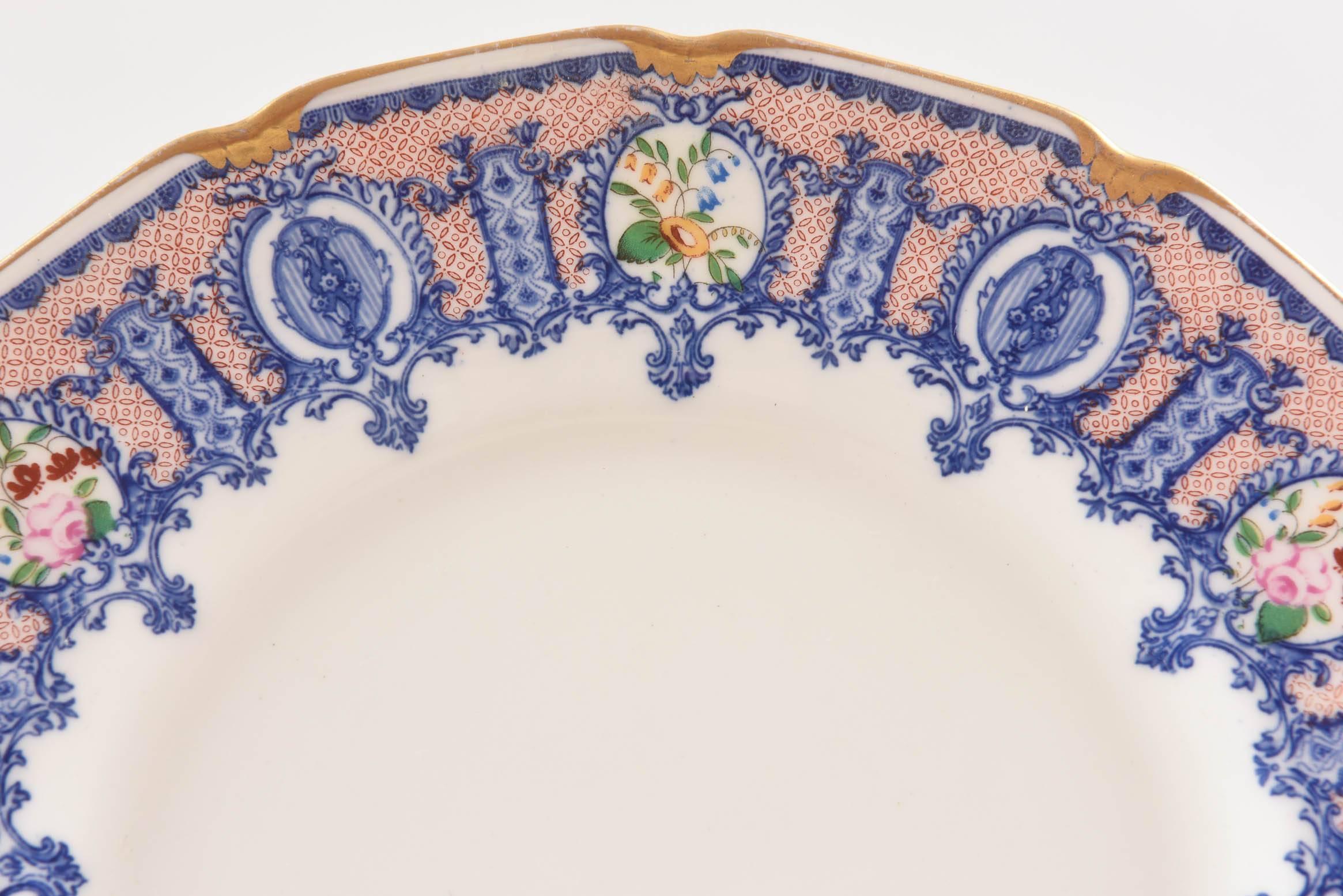 Early 20th Century 12 Antique Dessert Plates, Blue with Roses, Custom Ordered Marshall Fields