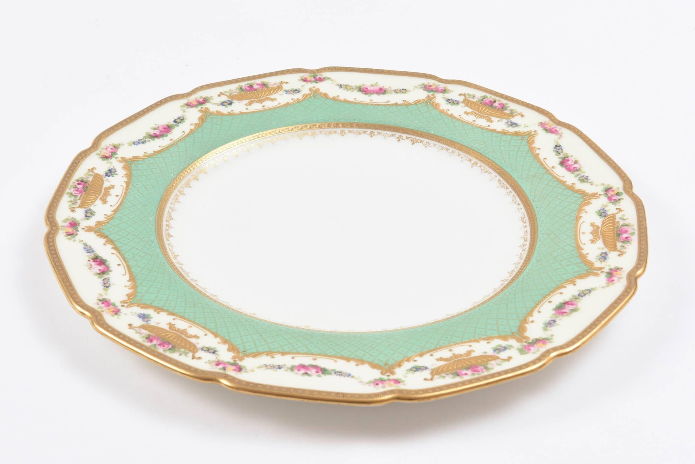 Neoclassical 12 Antique Dinner Plates, Royal Doulton England, Nice Shape, Soft Green & Gilt