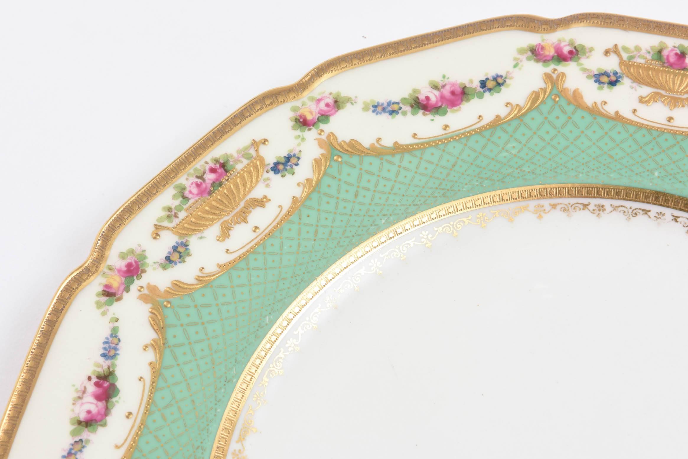Hand-Crafted 12 Antique Dinner Plates, Royal Doulton England, Nice Shape, Soft Green & Gilt