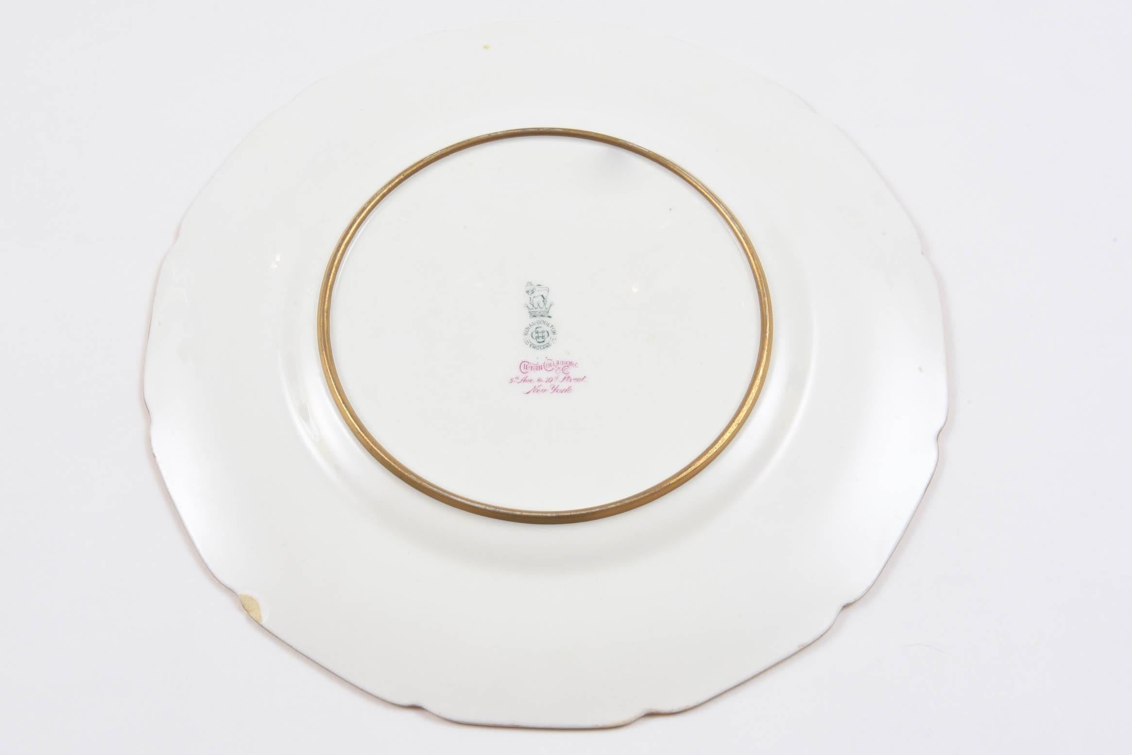 12 Antique Dinner Plates, Royal Doulton England, Nice Shape, Soft Green & Gilt 1