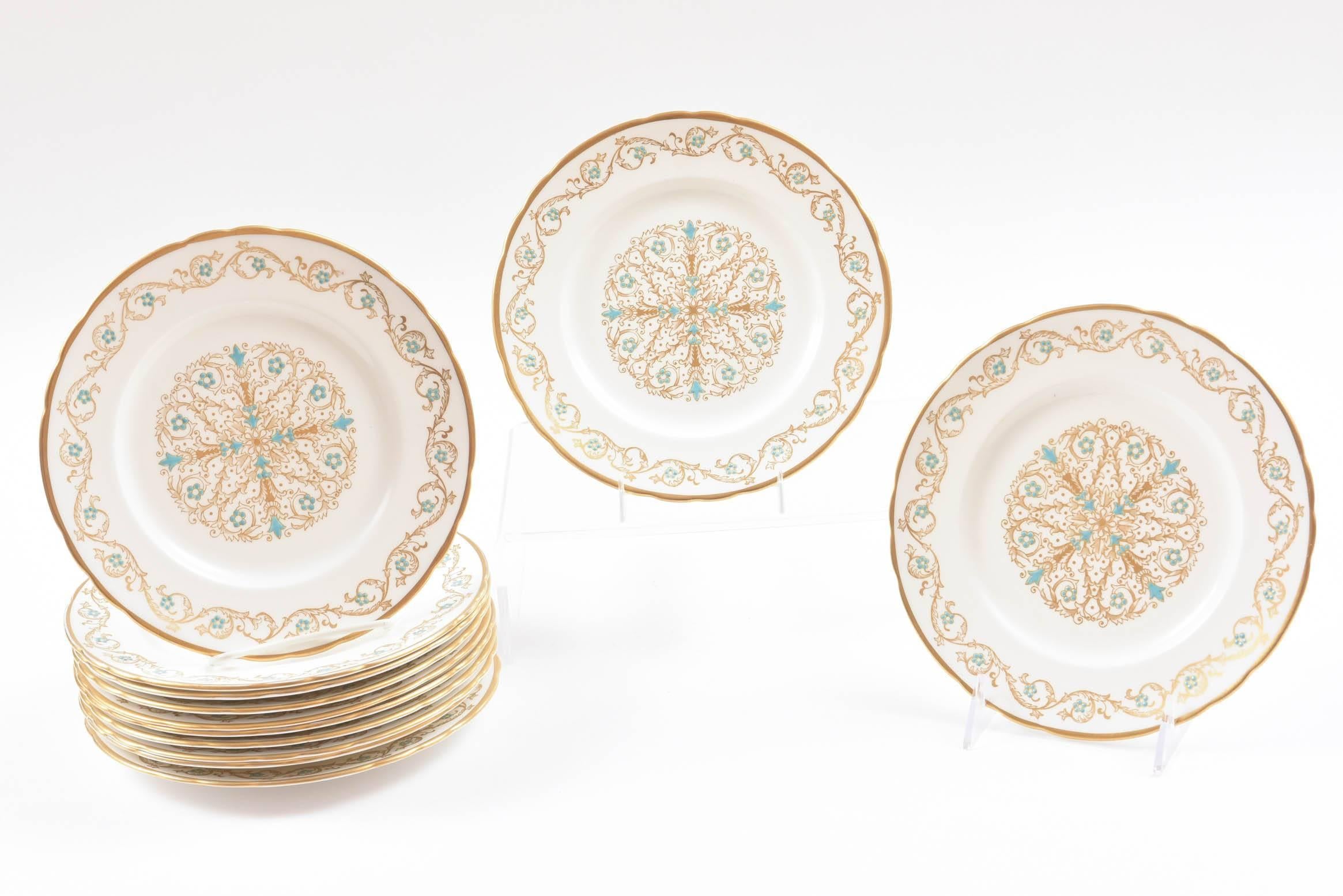 Art Deco 12 Vintage Dessert Plates, Turquoise and Gold by Tuscan, England For Sale