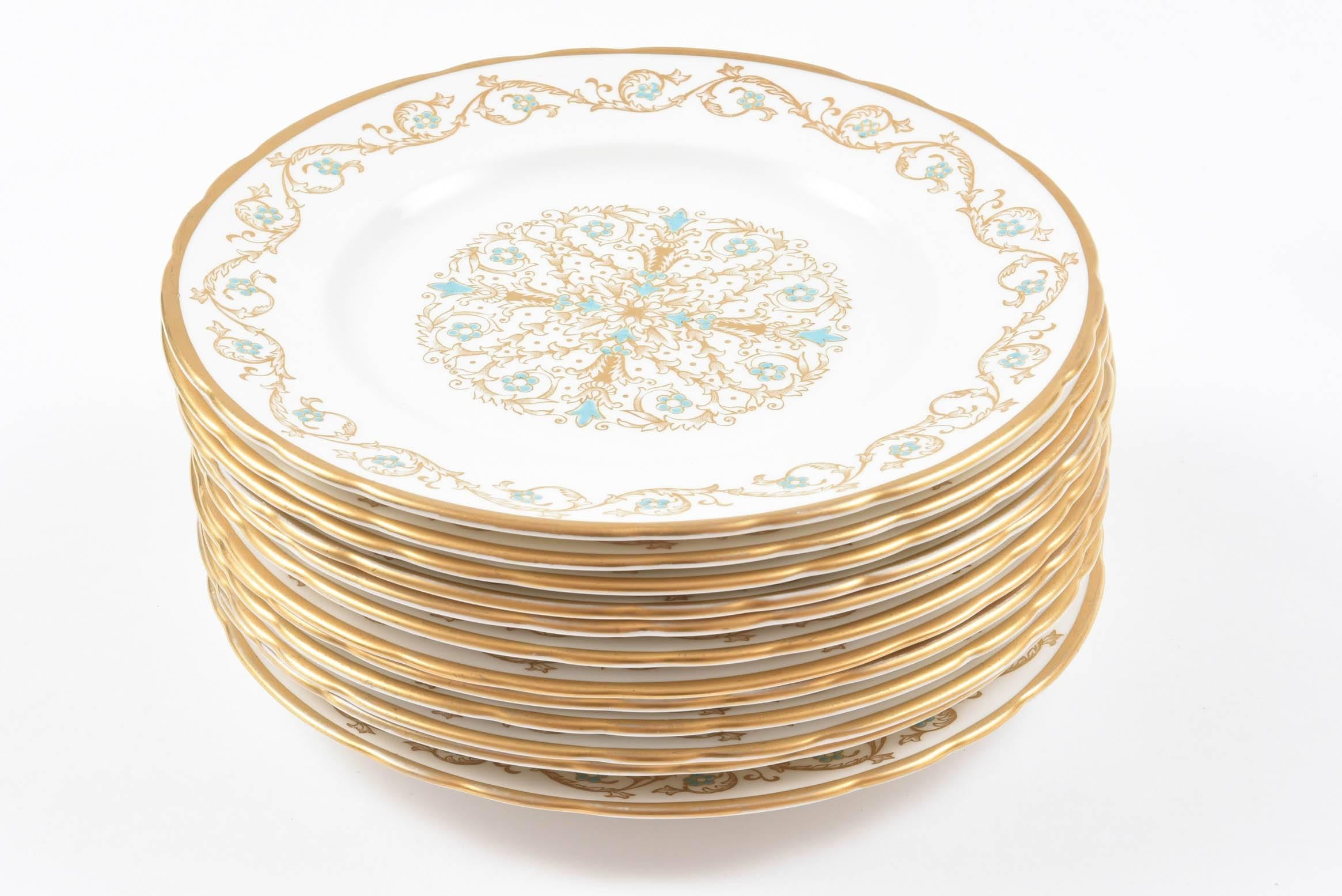 English 12 Vintage Dessert Plates, Turquoise and Gold by Tuscan, England For Sale