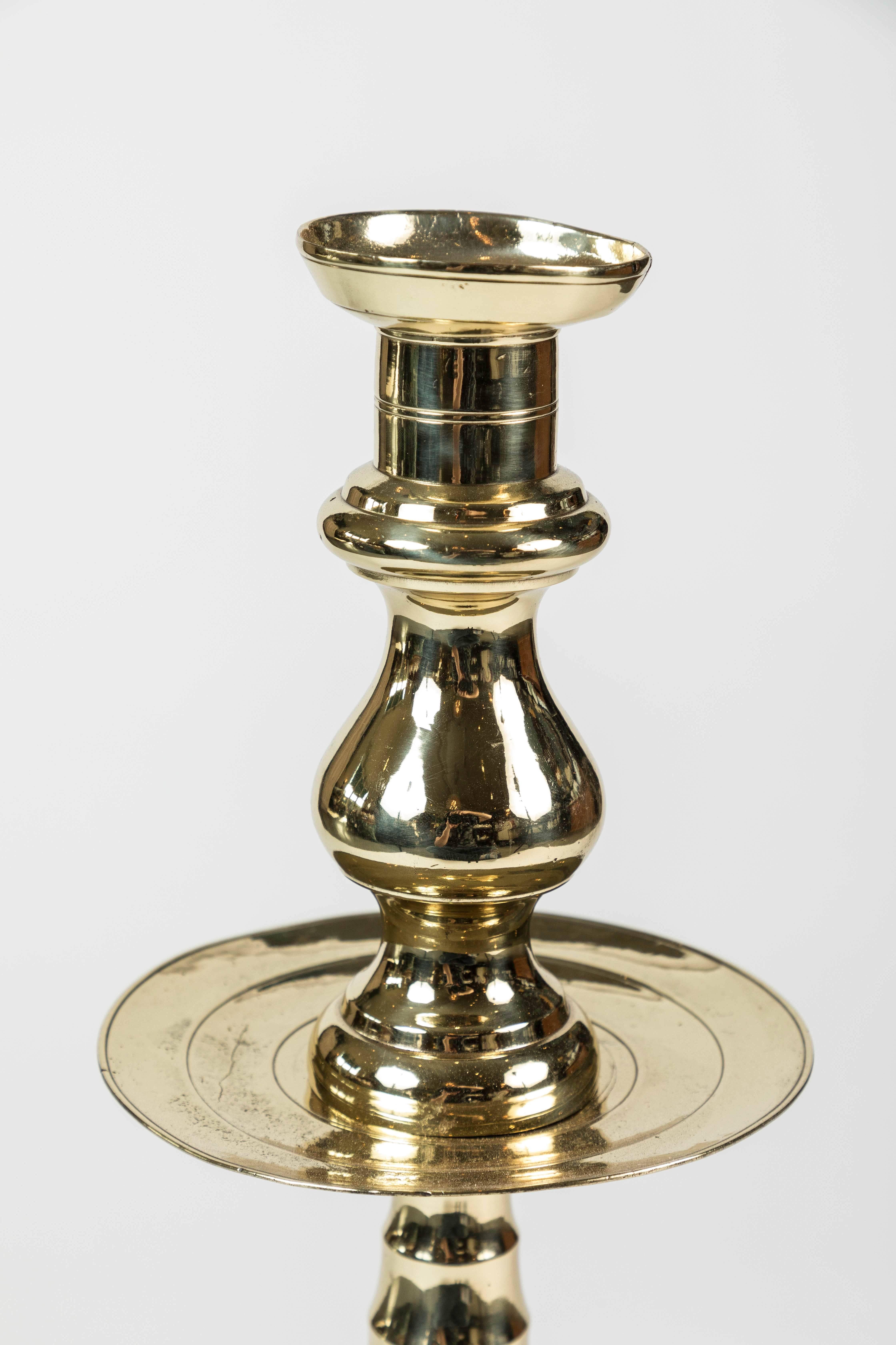 19th Century Large Brass Candleholder with Beehive Detail For Sale