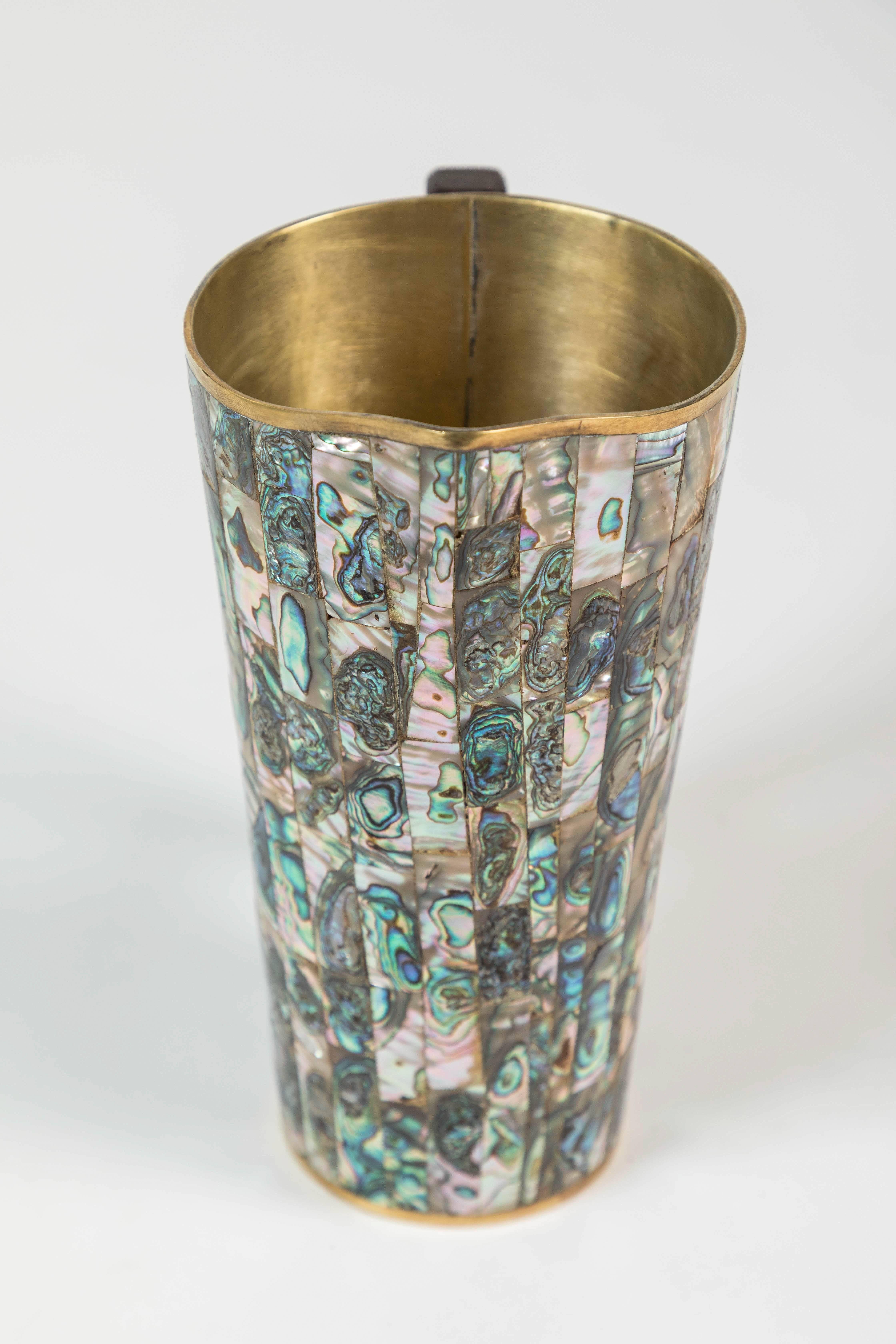20th Century Vintage Brass and Abalone Pitcher from Mexico