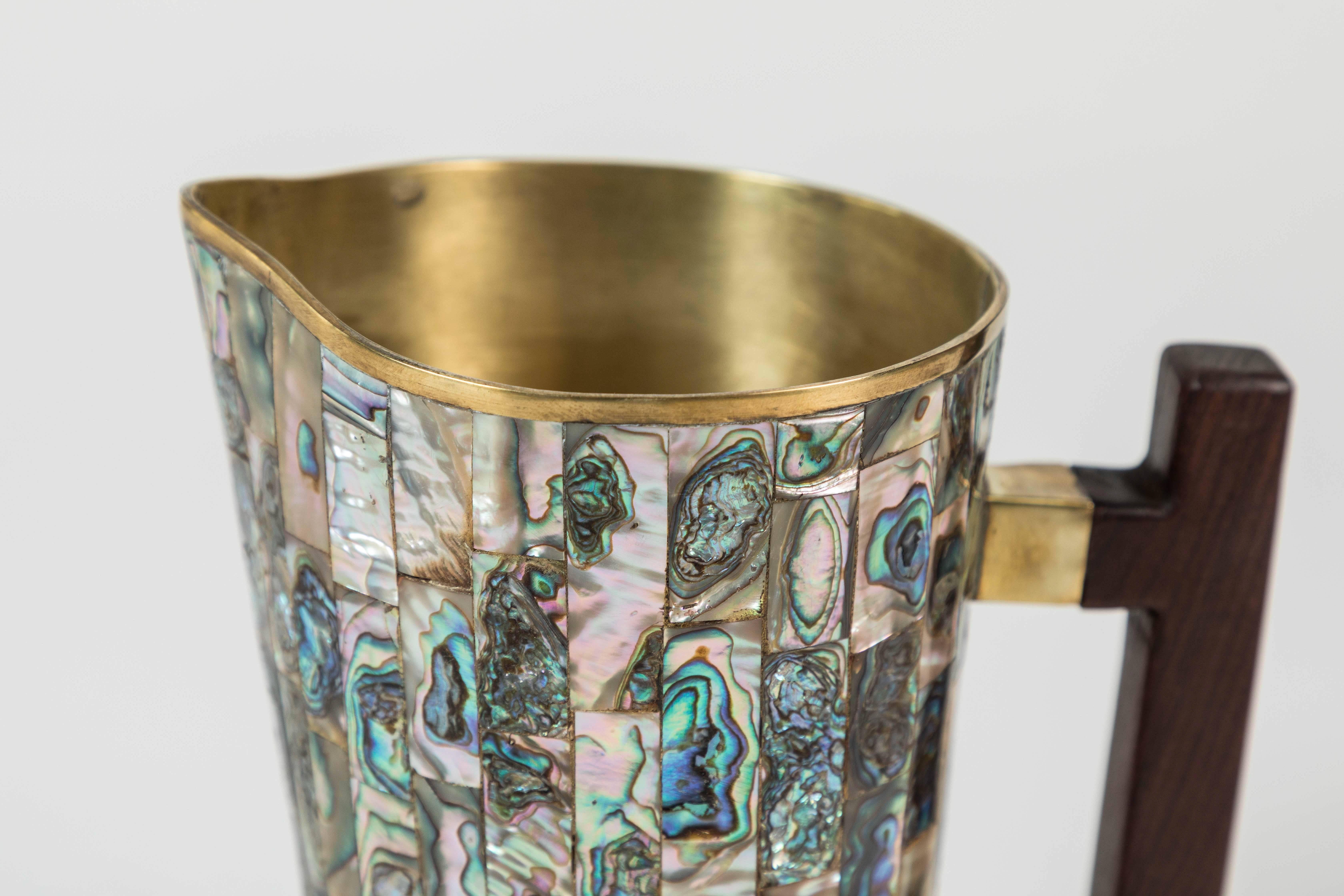 Vintage Brass and Abalone Pitcher from Mexico 1