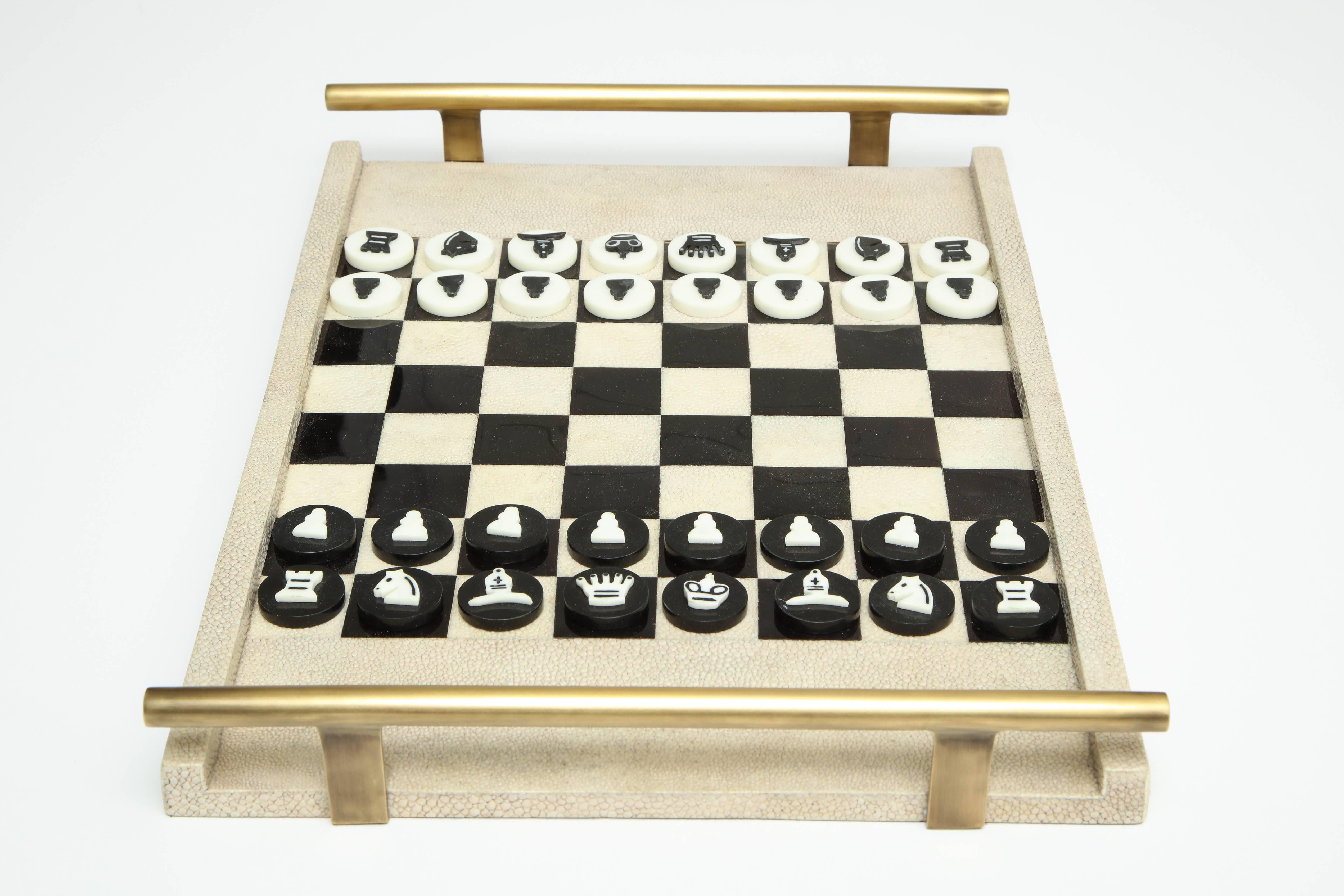 Hand-Crafted Shagreen Chess Game With Bronze Details