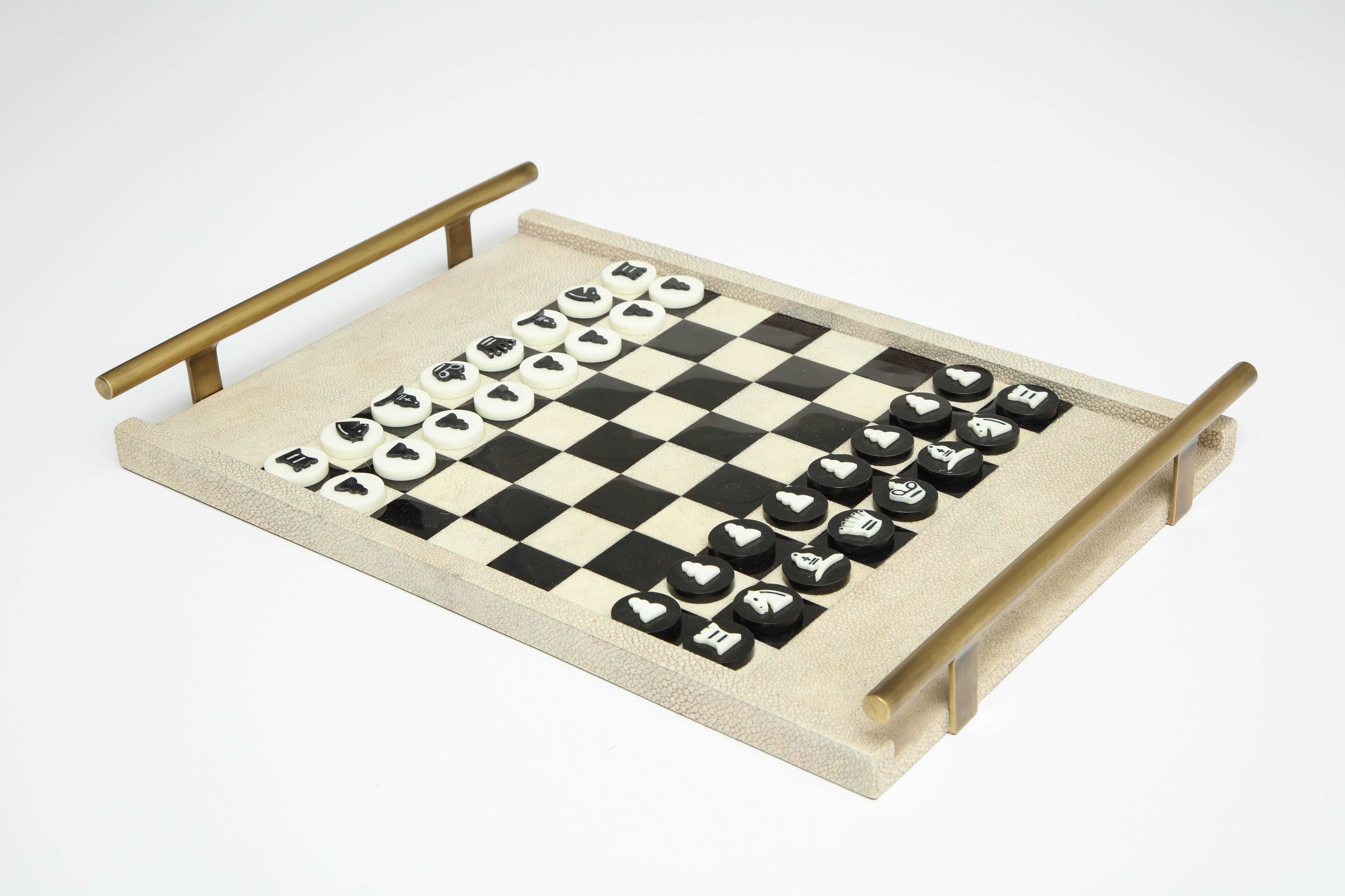 Shagreen Chess Game With Bronze Details In Excellent Condition In New York, NY