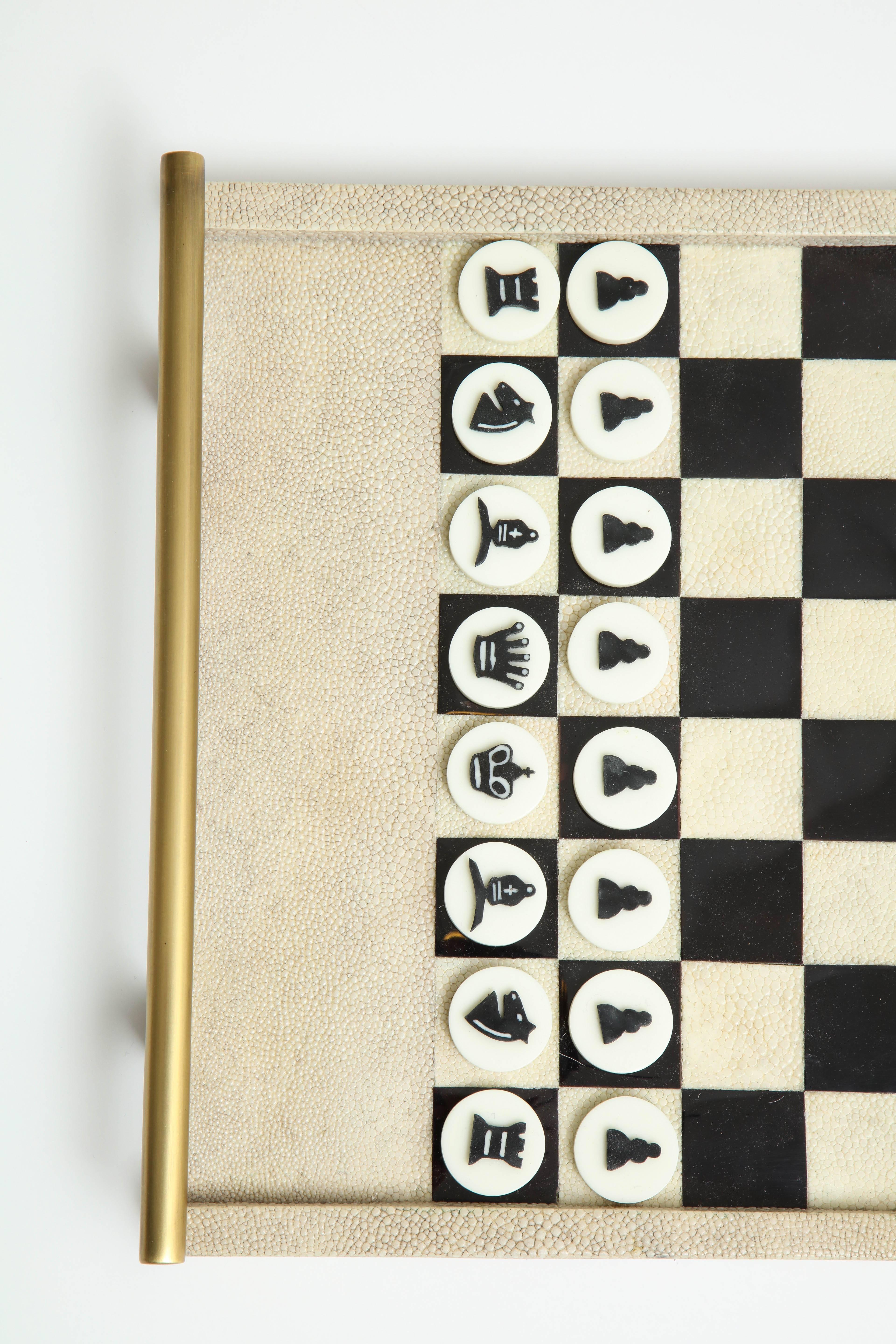 Contemporary Shagreen Chess Game With Bronze Details