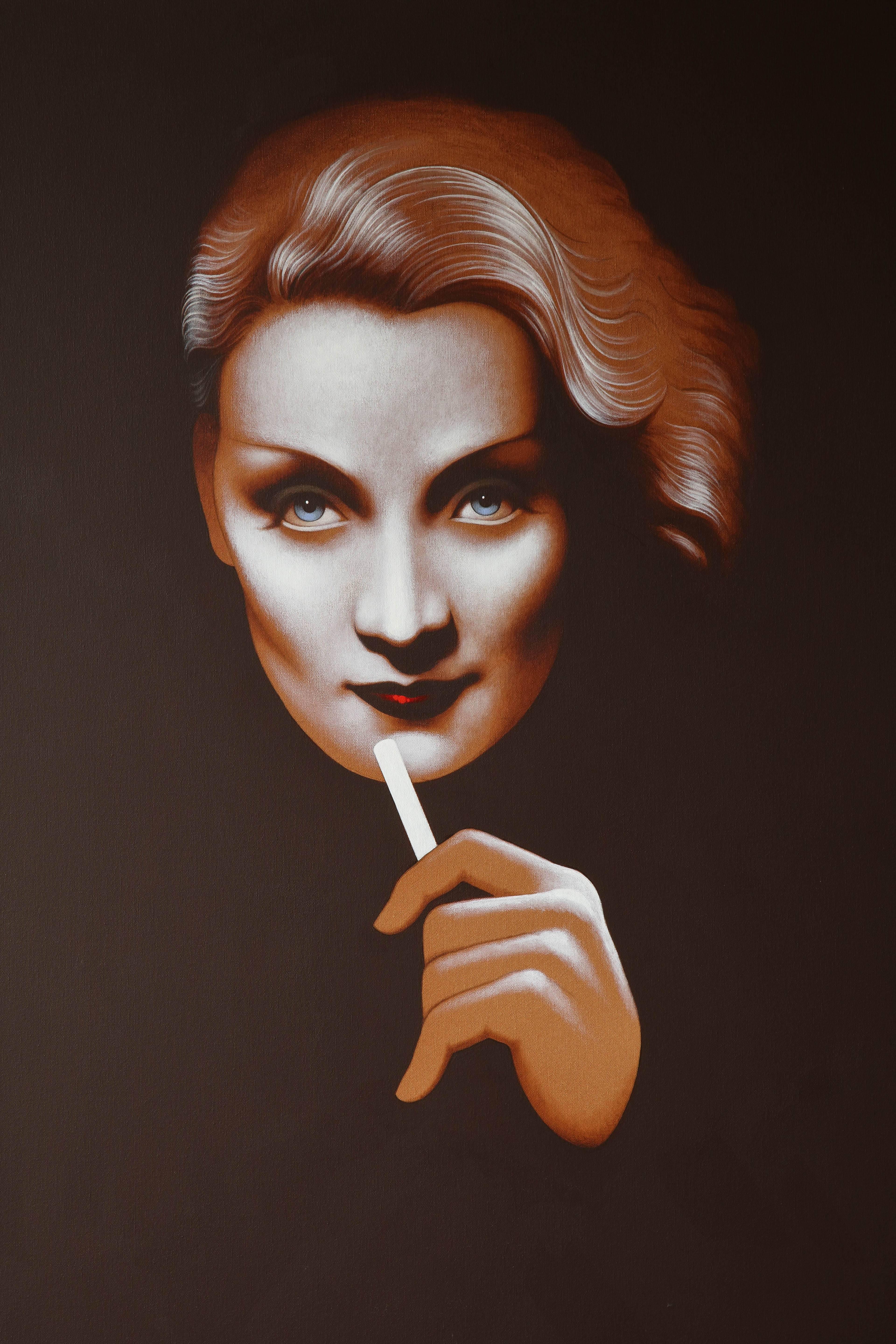 Dietrich with cigarette. Original painting by Lynn Curlee
Glamorous movie star Marlene Dietrich is shown in a sultry pose.
The painting is acrylic on stretched canvas. It measures 30” x 40” x 1.5”
It is signed and is in mint condition.
Mr Curlee