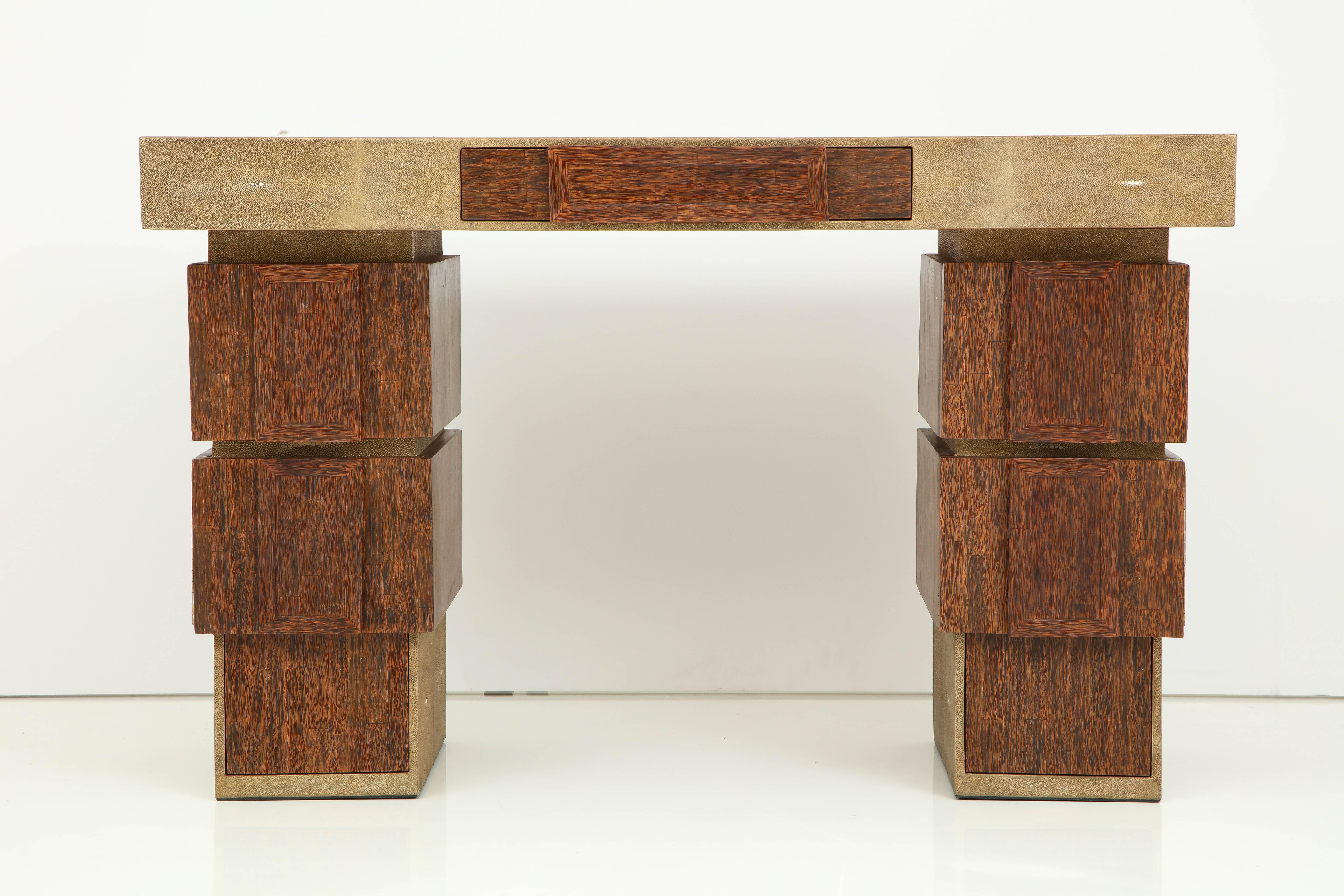 Art Deco Desk, Shagreen and Dark Palm Wood Details, Designed in France, Contemporary For Sale