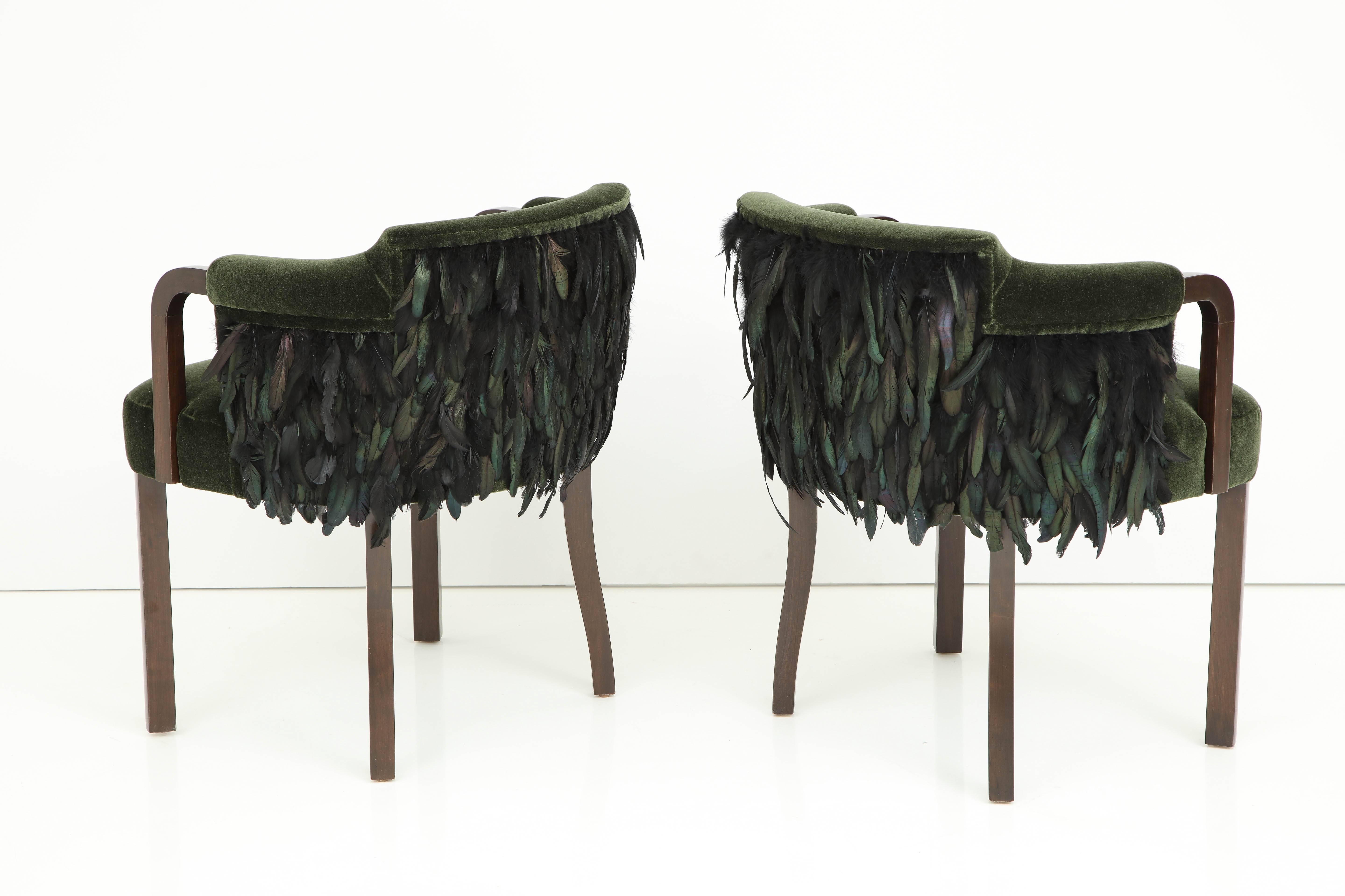 Fantastic pair of chairs with medium coffee brown stained Walnut frames upholstered in a heavy Dutch forest green Mohair with black/green iridescent sheen feathered back detail. Mint restored/ new upholstery/padding.

Arm height is 27.25