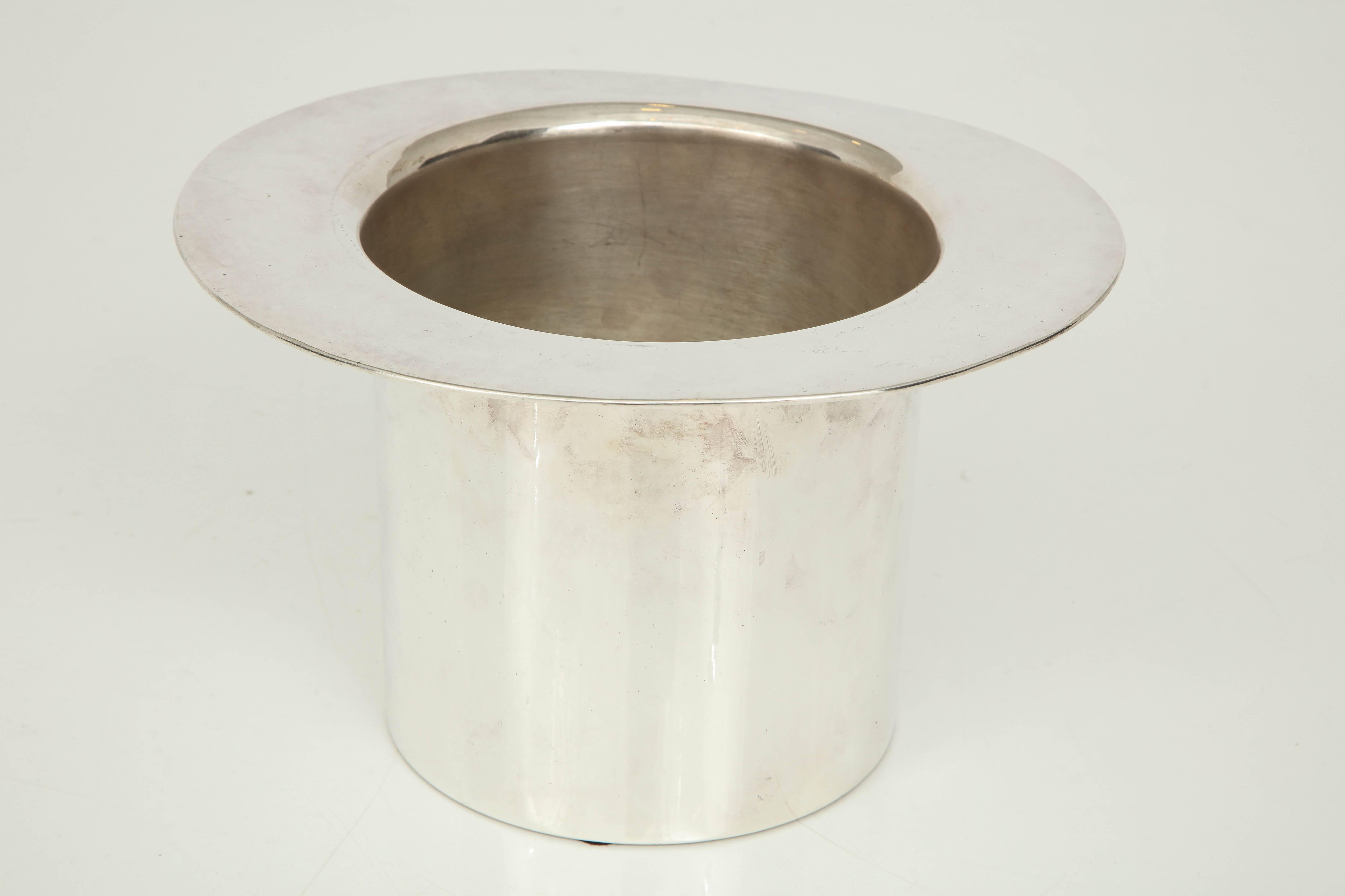 Silver plate top hat ice bucket by W. Wright & Co., Sheffield England, circa 1950.