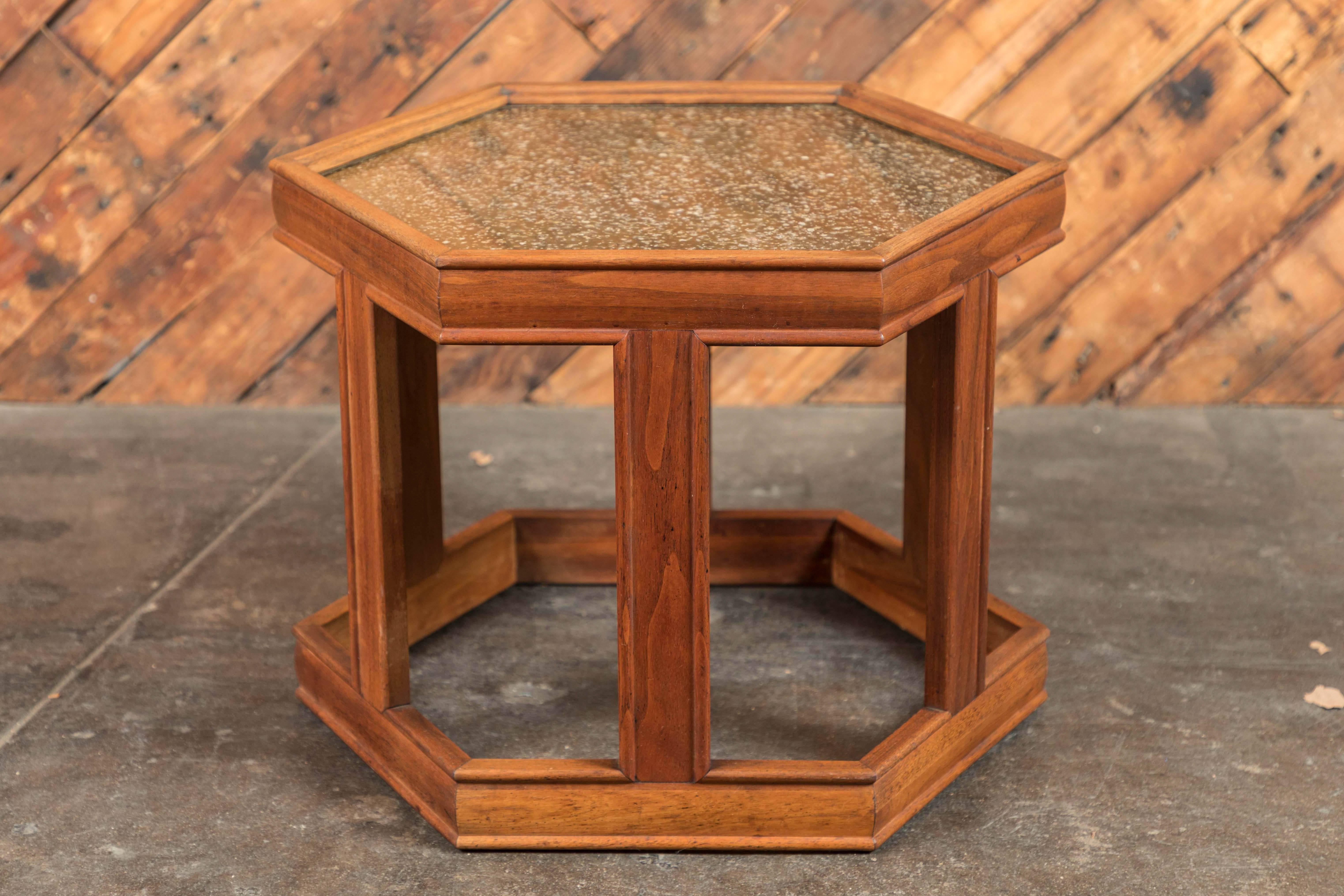 Mid century walnut and copper enamel occasional side tables by John Keal for Brown Saltman
Listing includes two regular height side tables and 1 rare shorter version which when all pushed together has a great look. Very versatile set. Excellent
