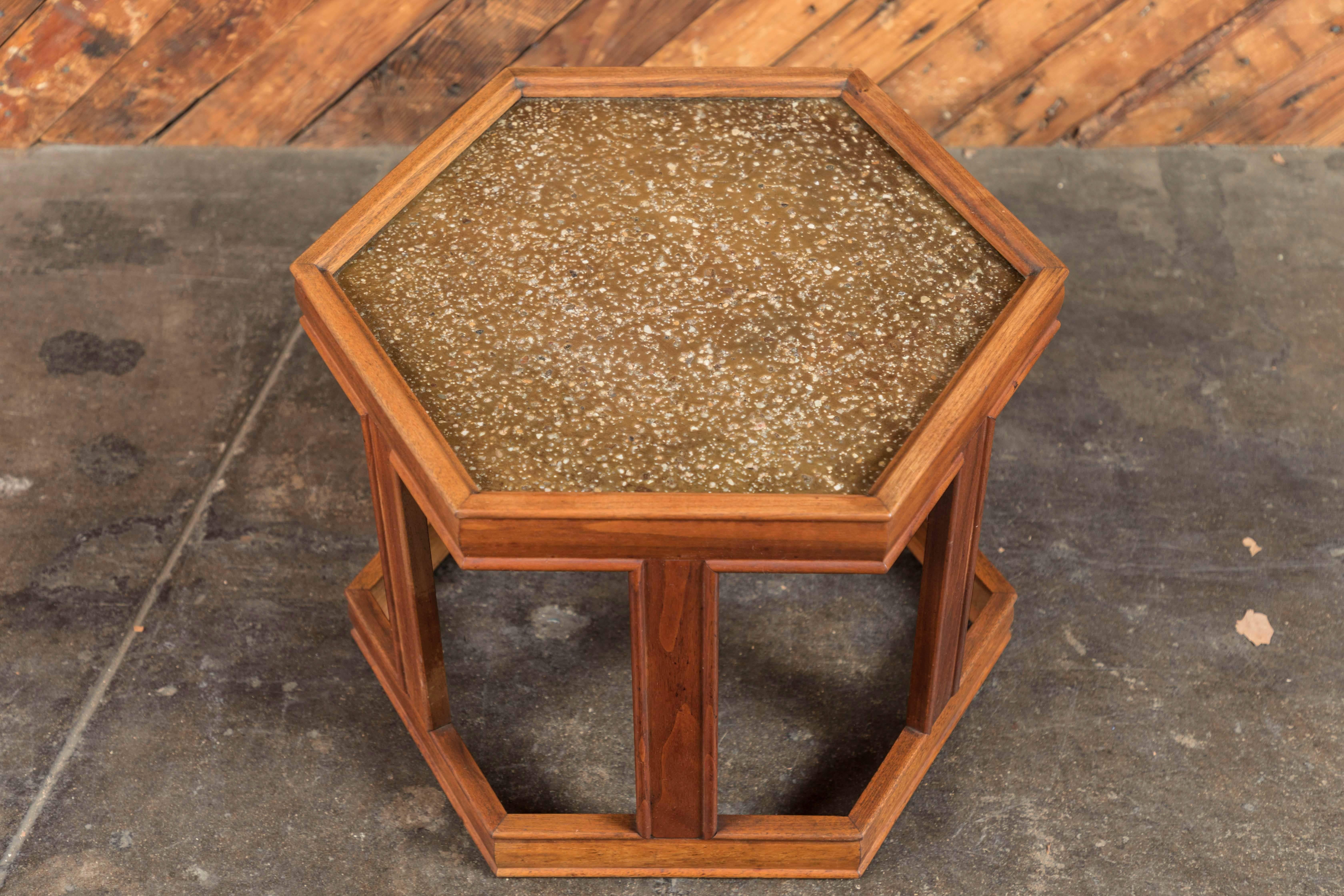 Mid-Century Modern Three Mid Century Hex Walnut & Copper Side Tables by John Keal for Brown Saltman For Sale