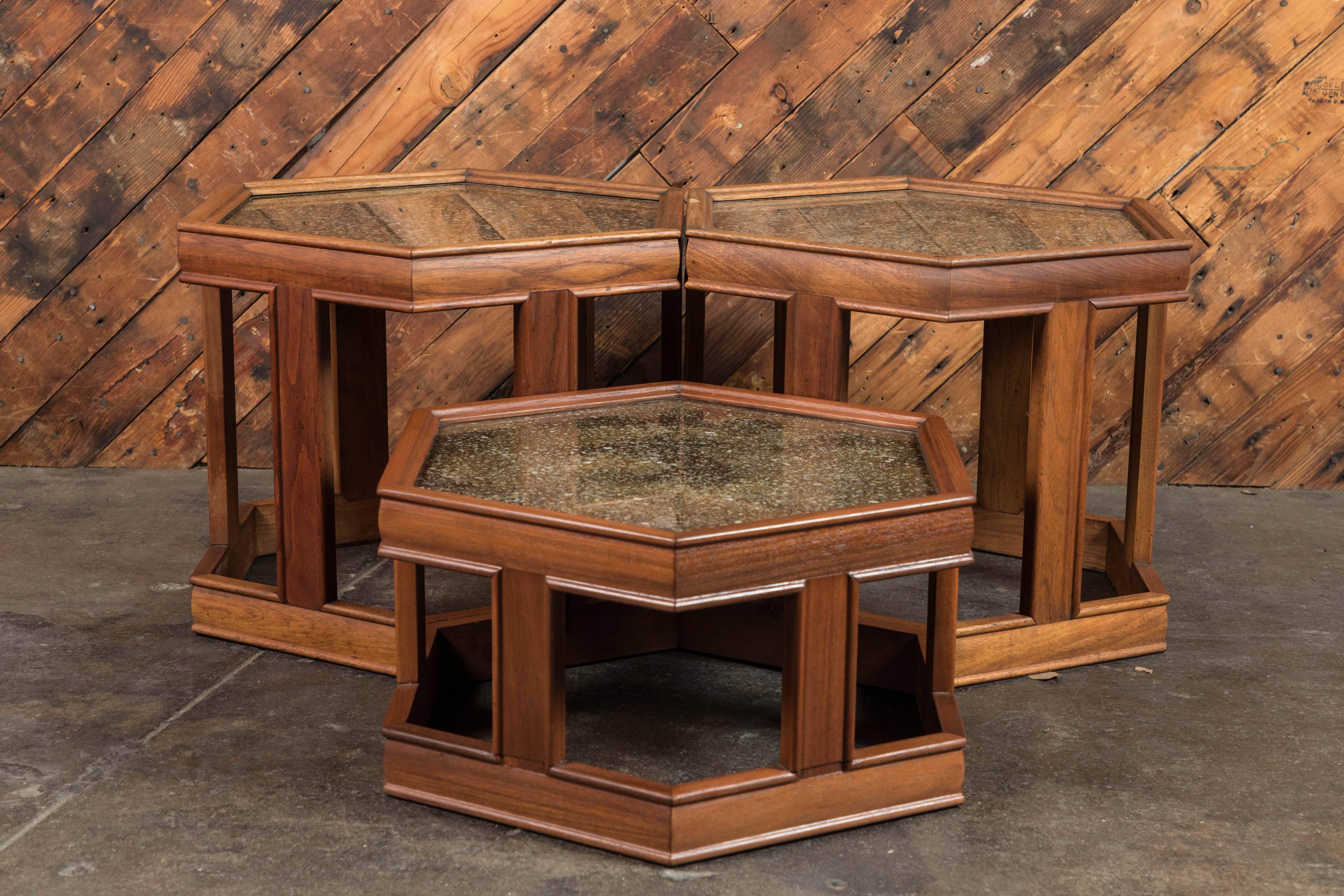North American Three Mid Century Hex Walnut & Copper Side Tables by John Keal for Brown Saltman For Sale