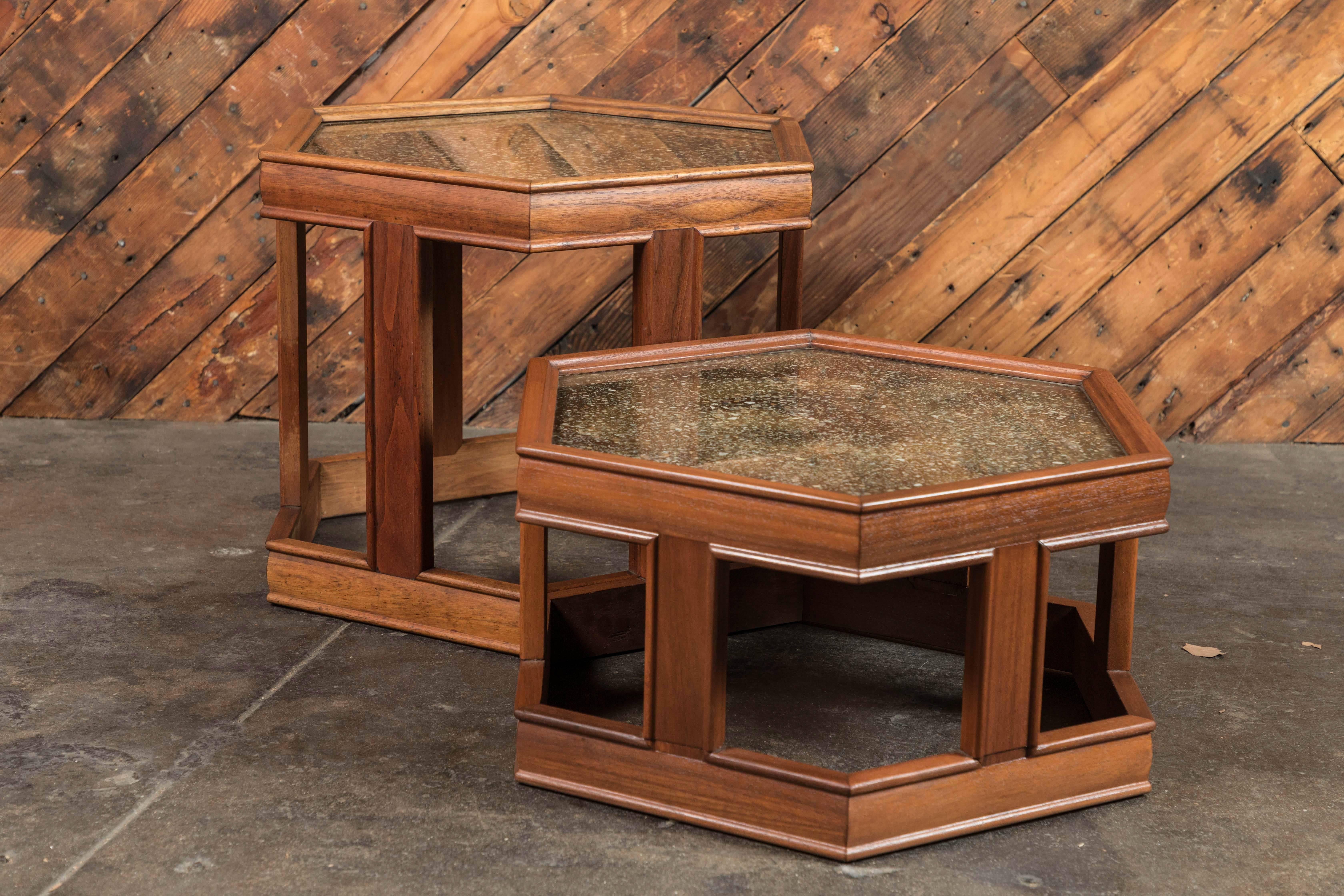 Three Mid Century Hex Walnut & Copper Side Tables by John Keal for Brown Saltman In Excellent Condition For Sale In santa monica, CA