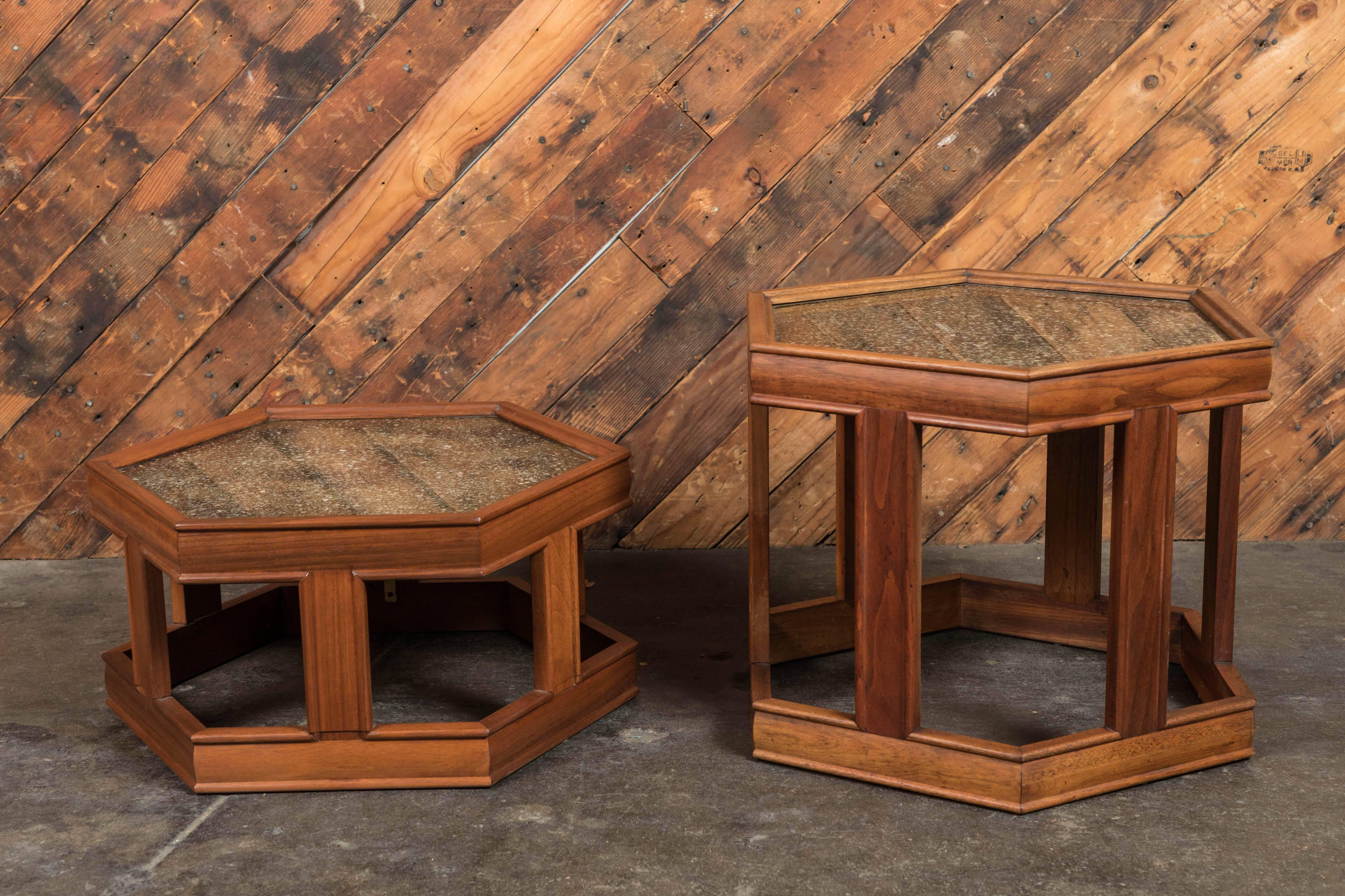 20th Century Three Mid Century Hex Walnut & Copper Side Tables by John Keal for Brown Saltman For Sale