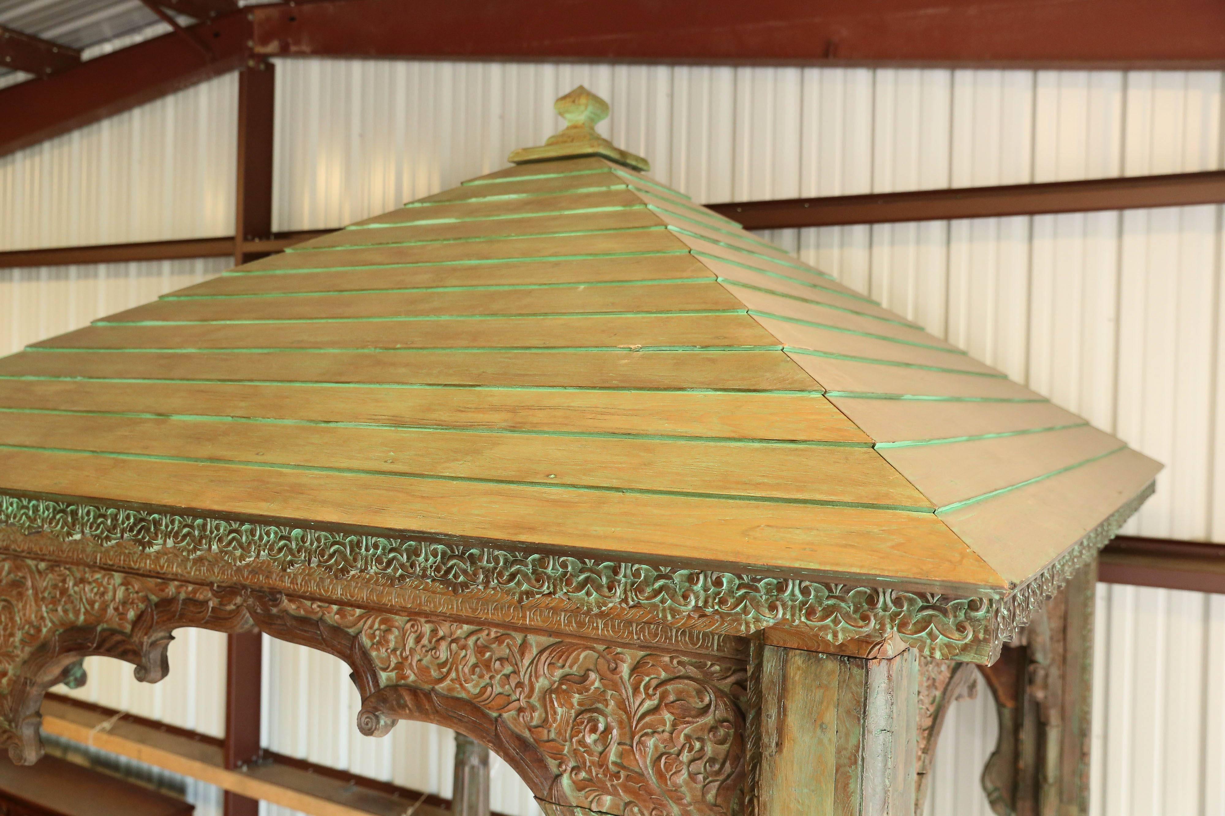 Hand-Crafted Decorative Solid Teak Wood Late 19th Century Gazebo from a Hindu Temple For Sale