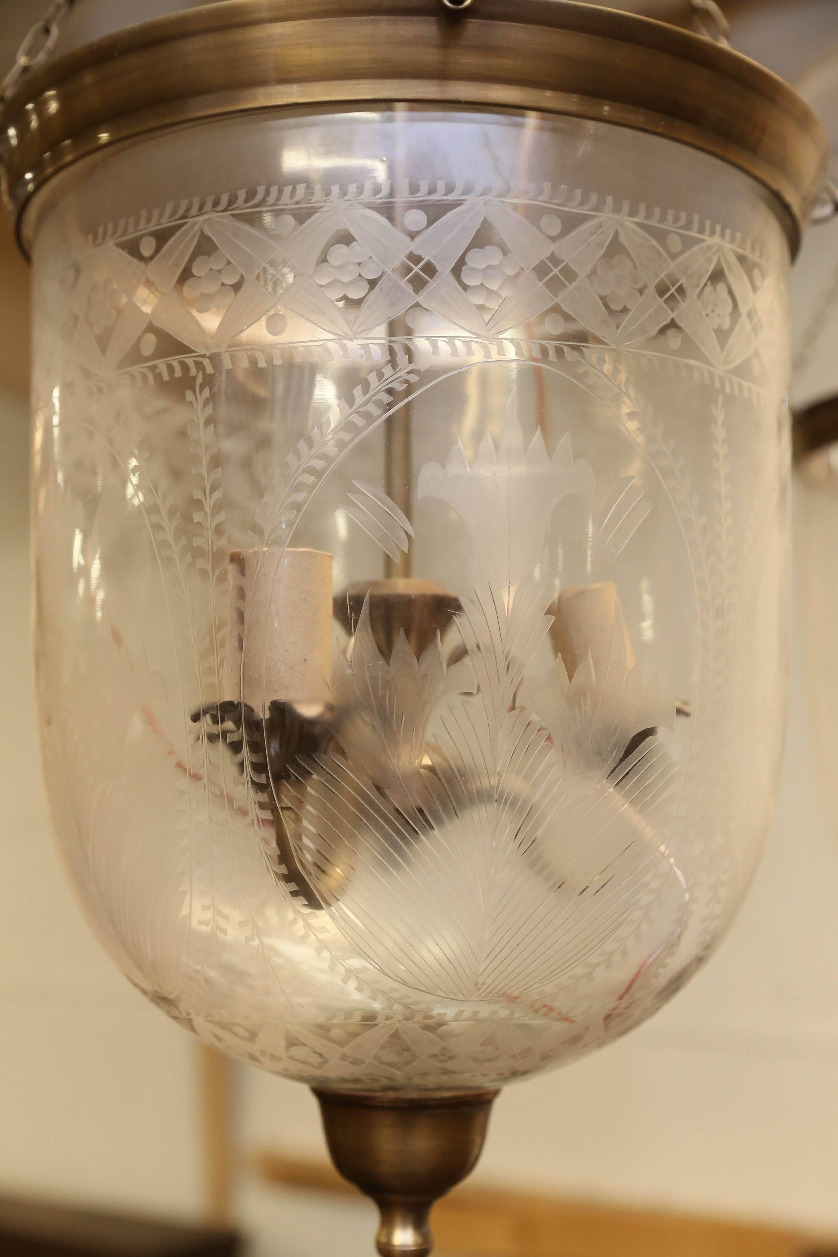 British Colonial Mouth Blown Crystal Glass Hand Etched Bell Jar Lantern with Smoke Deflector