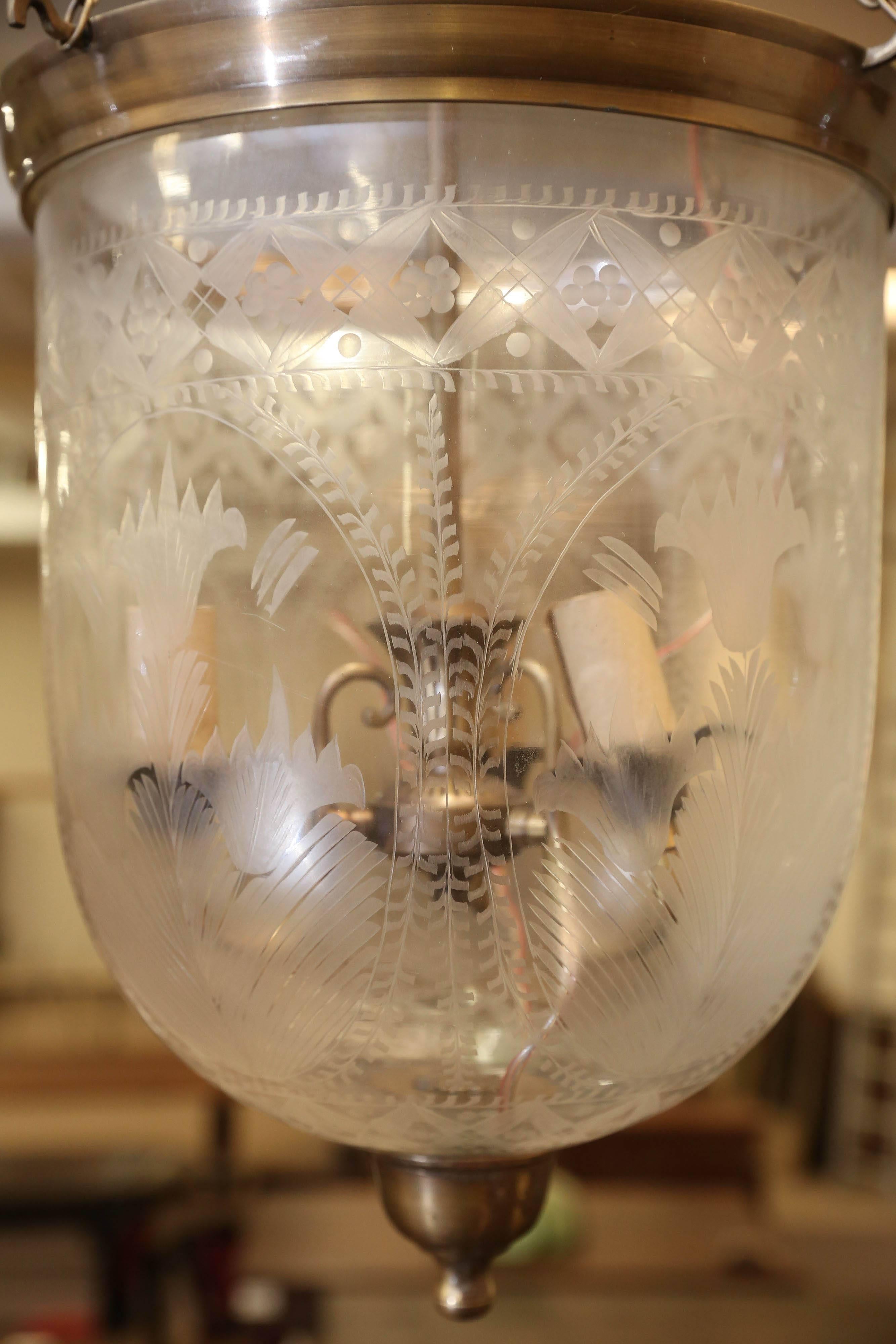 Mouth Blown Crystal Glass Hand Etched Bell Jar Lantern with Smoke Deflector In Excellent Condition In Houston, TX