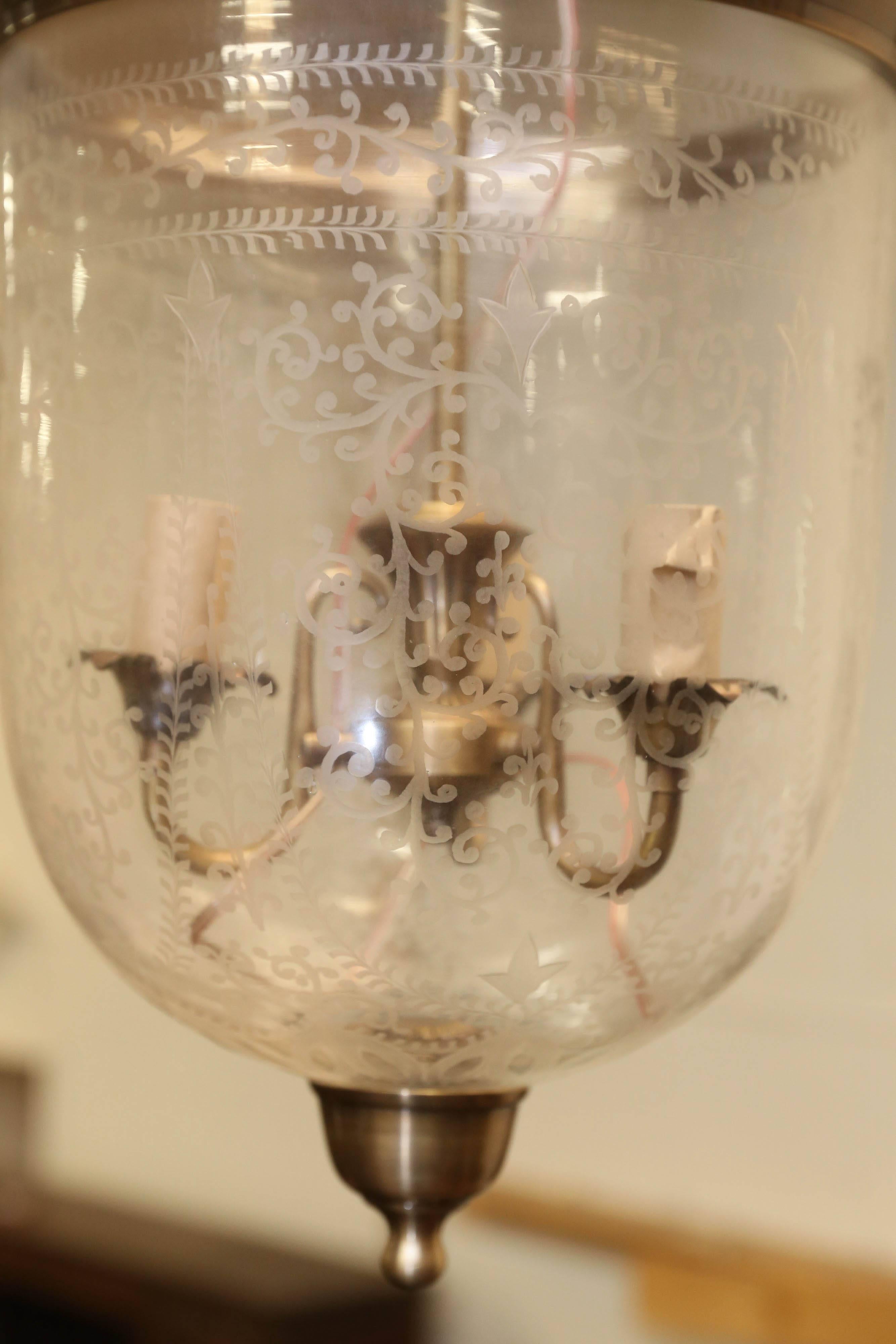 Indian Mouth Blown Hand Etched Crystal Glass Bell Jar Lantern with Smoke Deflector For Sale