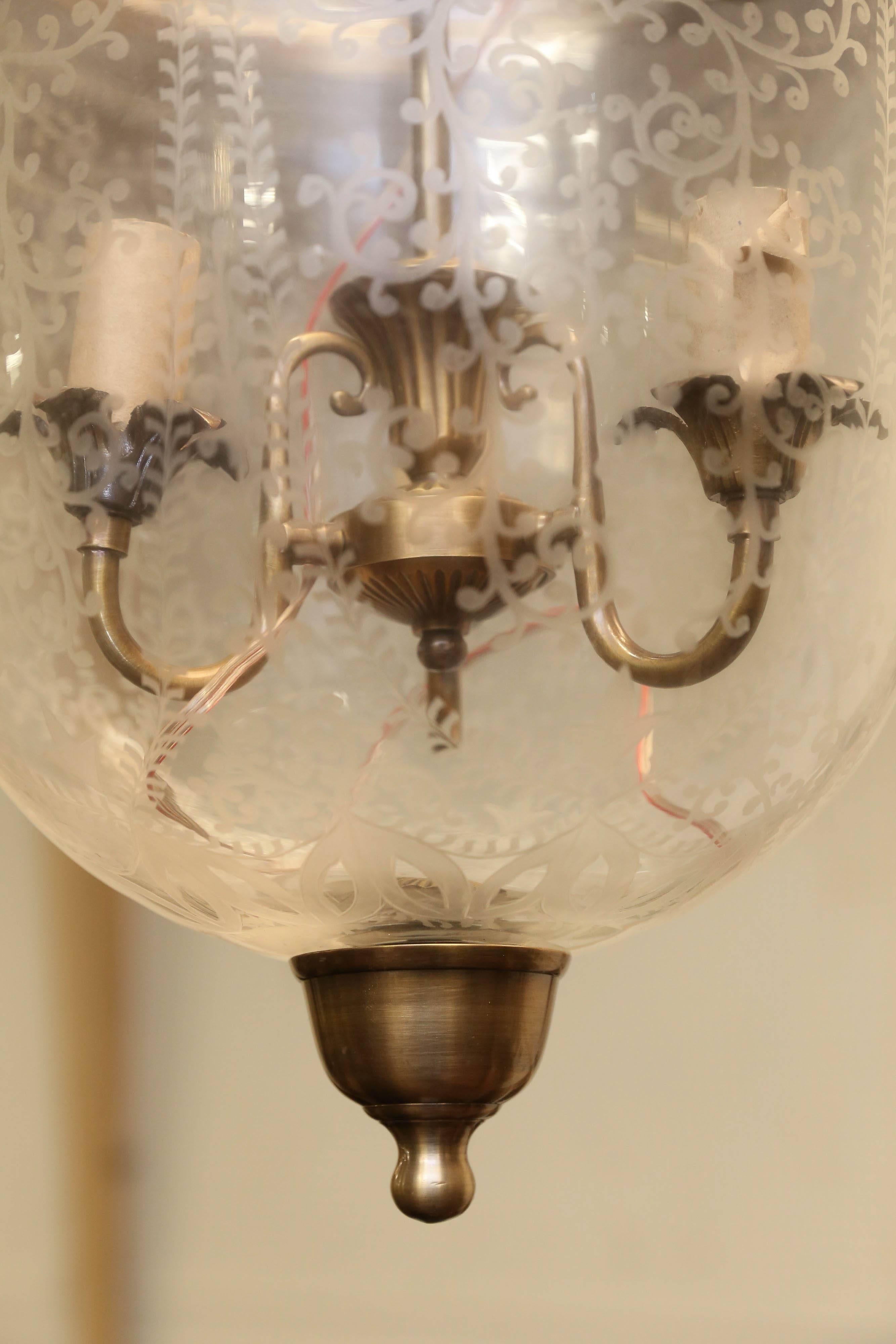 Mouth Blown Hand Etched Crystal Glass Bell Jar Lantern with Smoke Deflector In Excellent Condition For Sale In Houston, TX