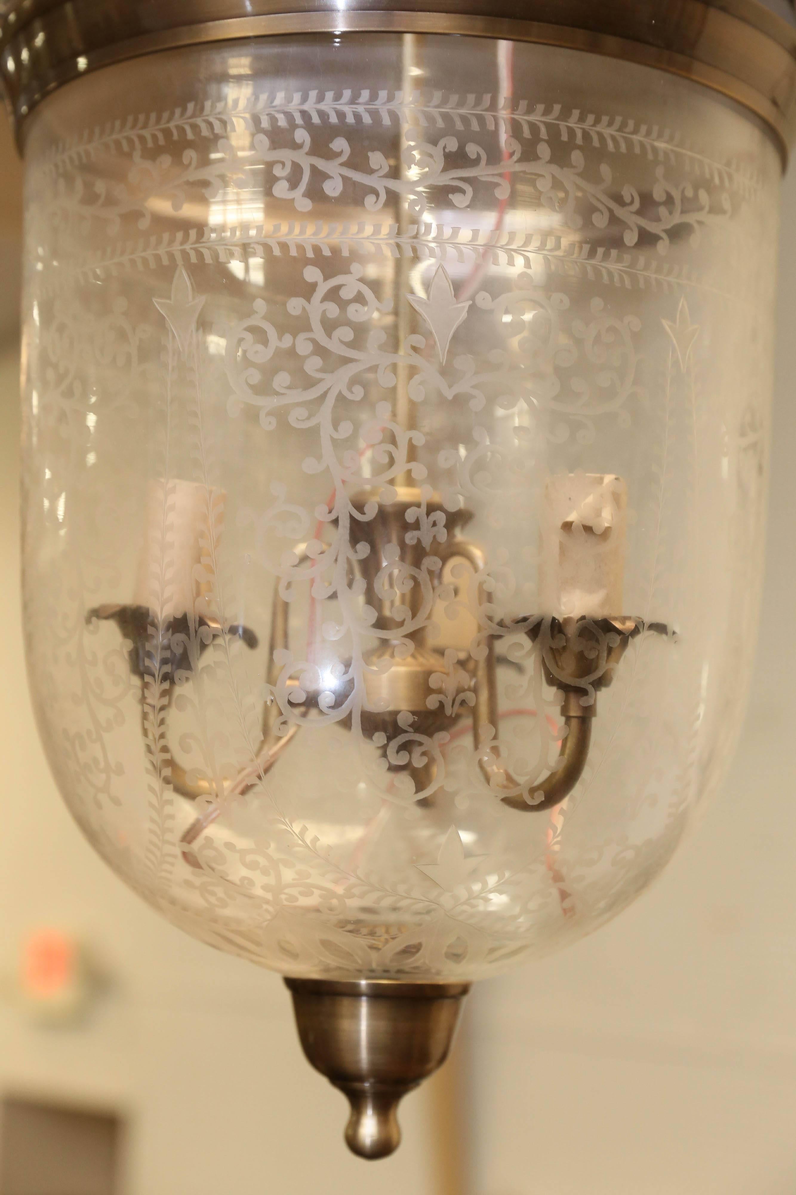 20th Century Mouth Blown Hand Etched Crystal Glass Bell Jar Lantern with Smoke Deflector For Sale