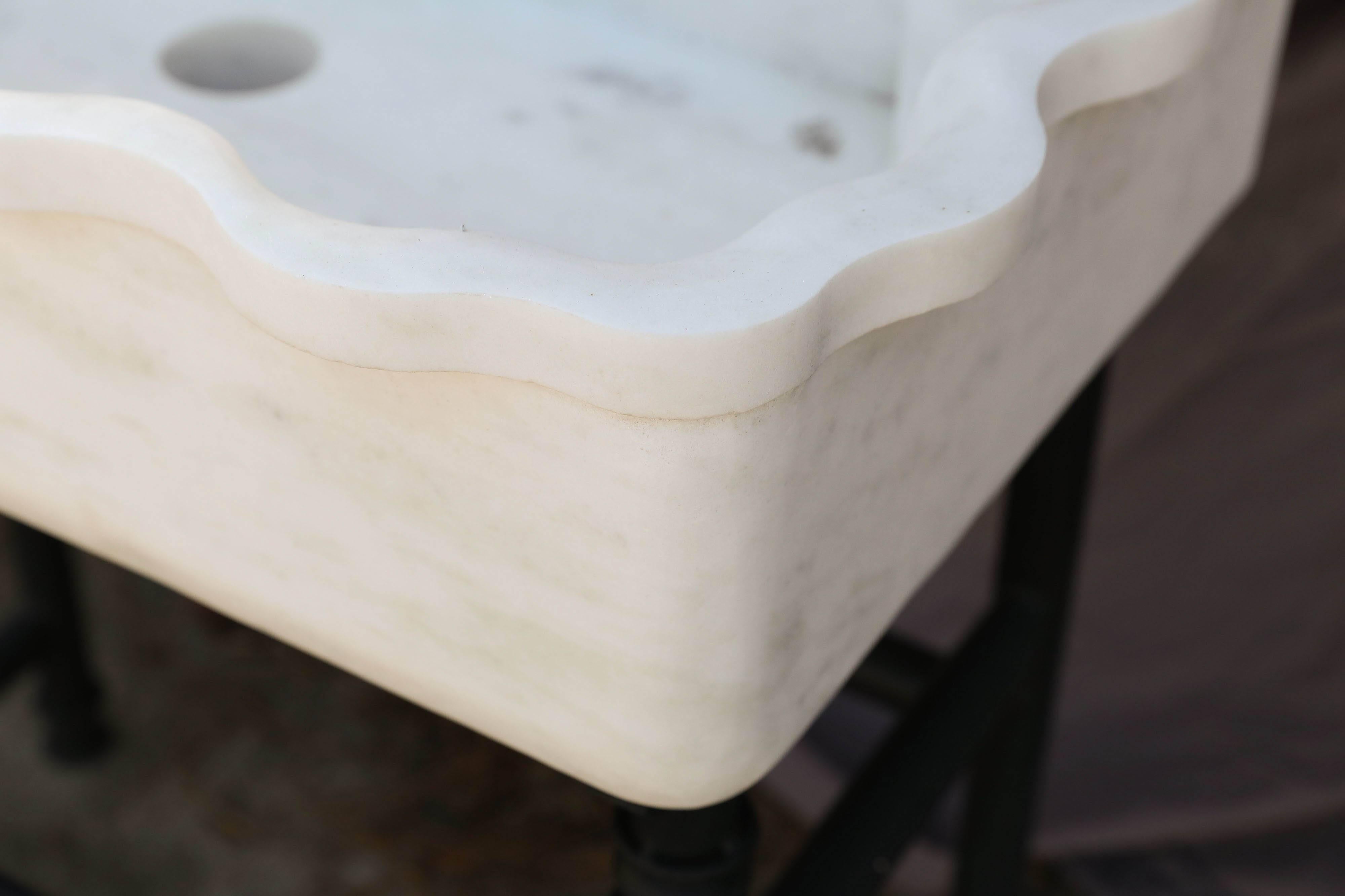 Mid-20th Century Midcentury Hand-Carved Marble Sink on Hand-Forged Iron Stand