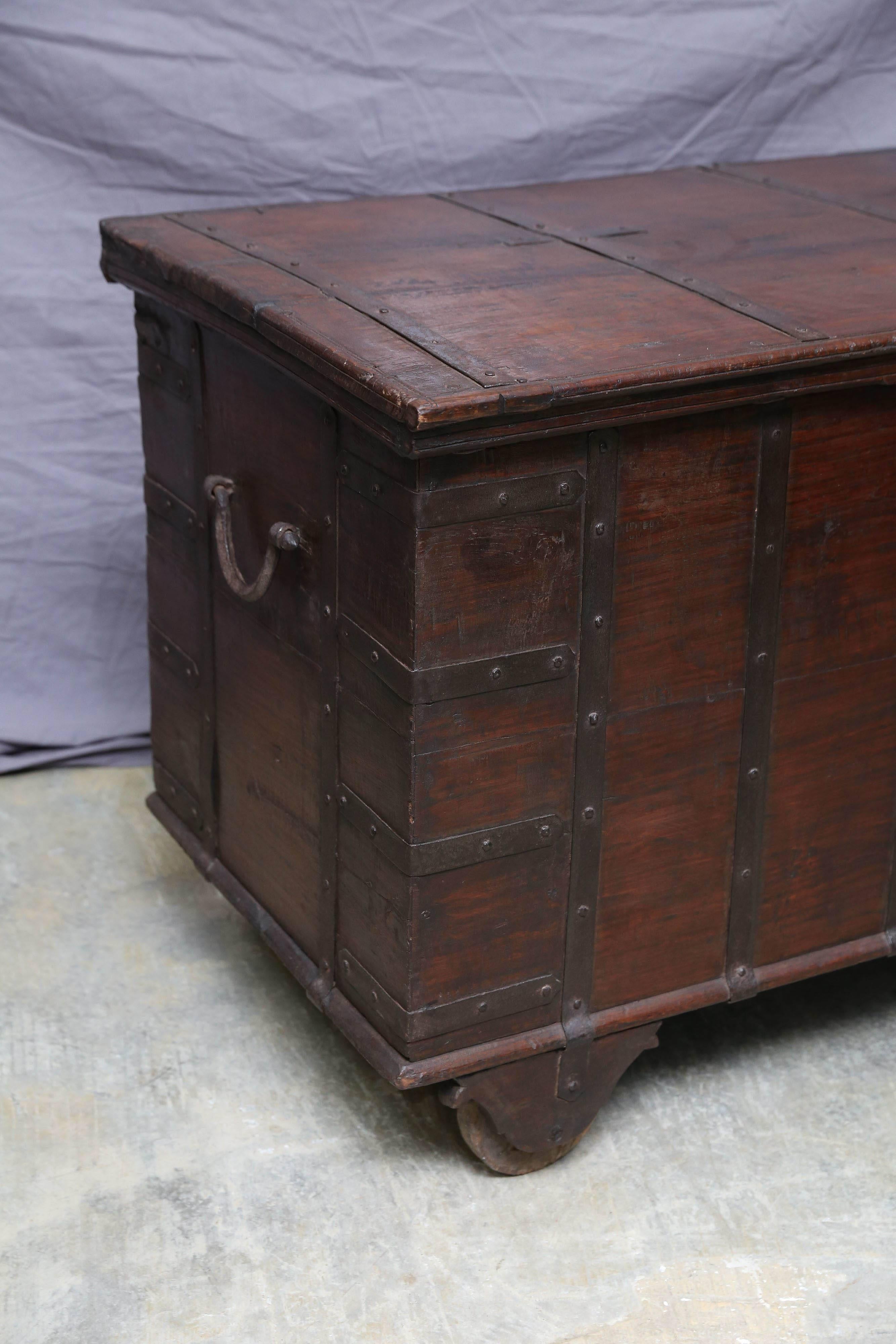 British Colonial 200 Years Old Solid Teak Wood Dowry Chest from a Central Indian Home For Sale
