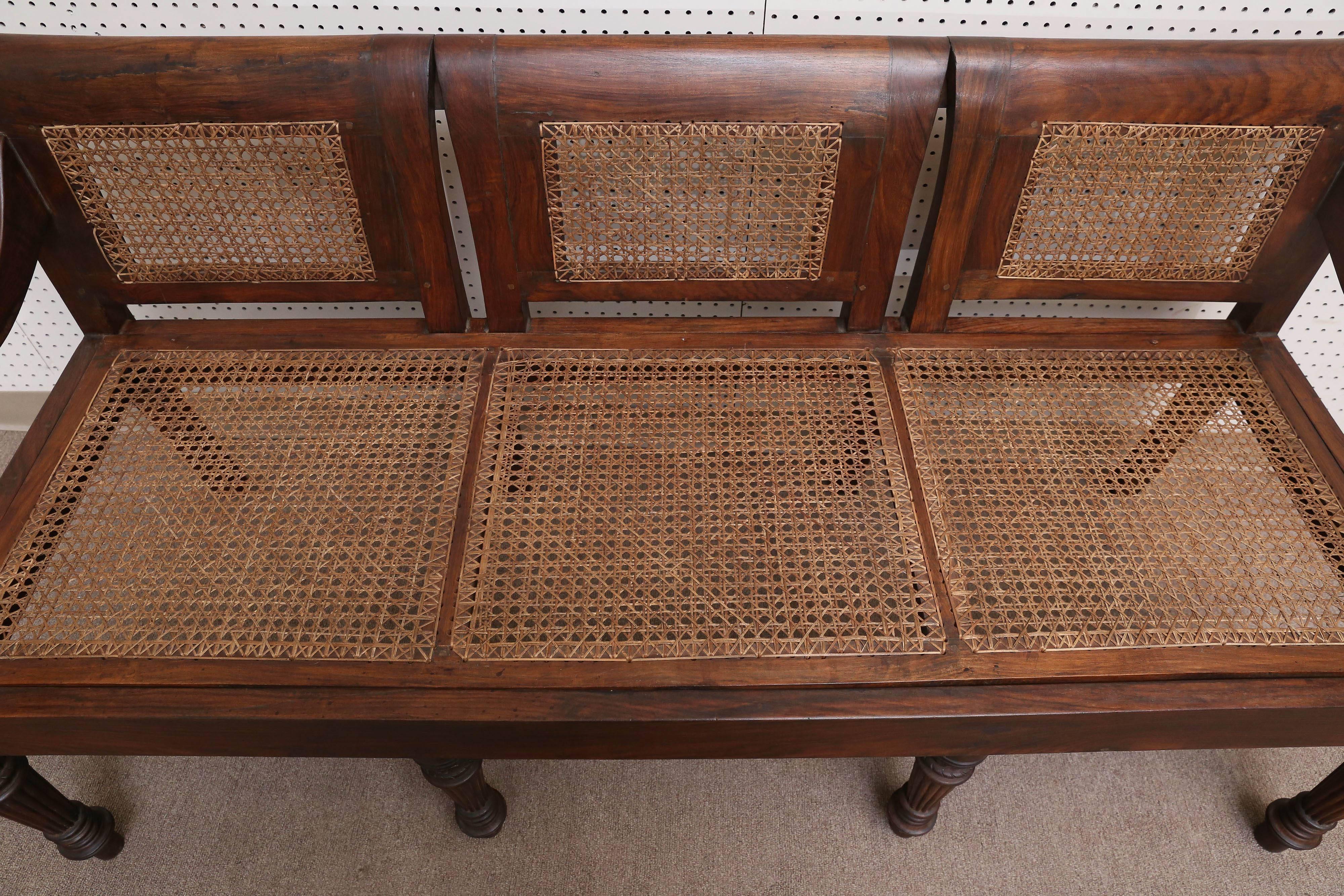 Indian 1920s Solid Teakwood and Cane British Colonial Bench from a Tea Plantation