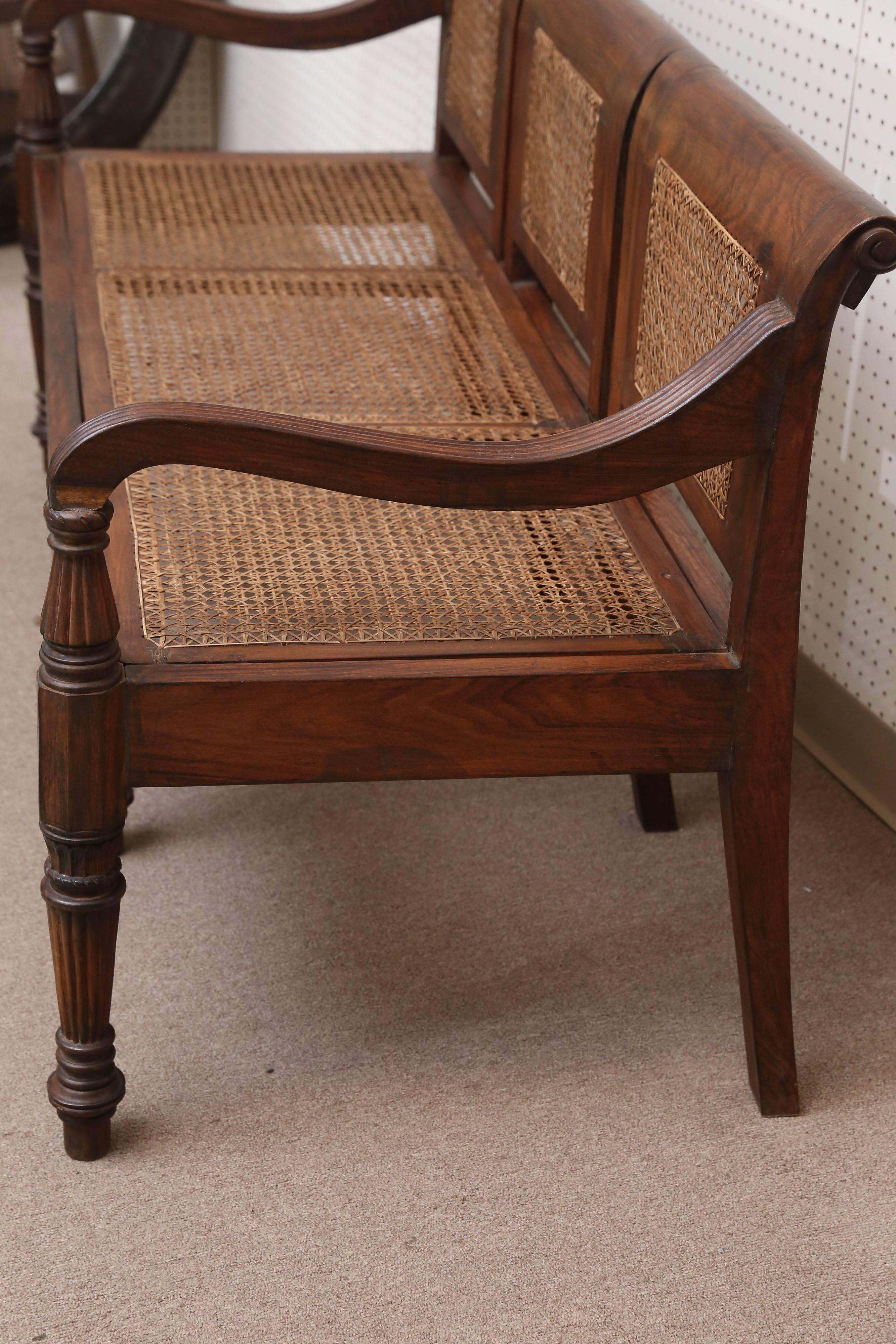 Hand-Crafted 1920s Solid Teakwood and Cane British Colonial Bench from a Tea Plantation